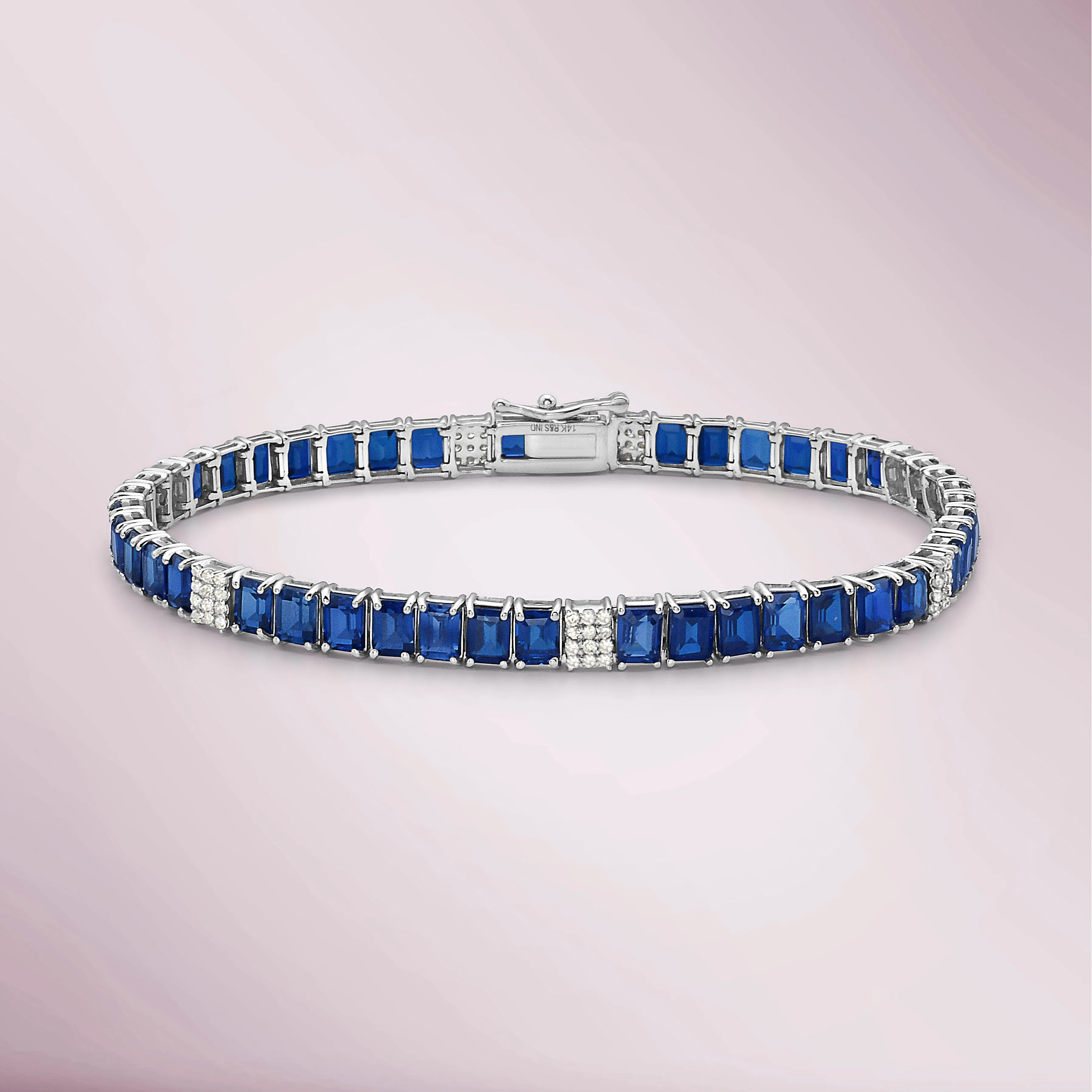 Alternate Emerald Cut Blue Sapphires & Diamonds Tennis Bracelet (11.50 ct.) 4-Prongs Setting in 14K Gold