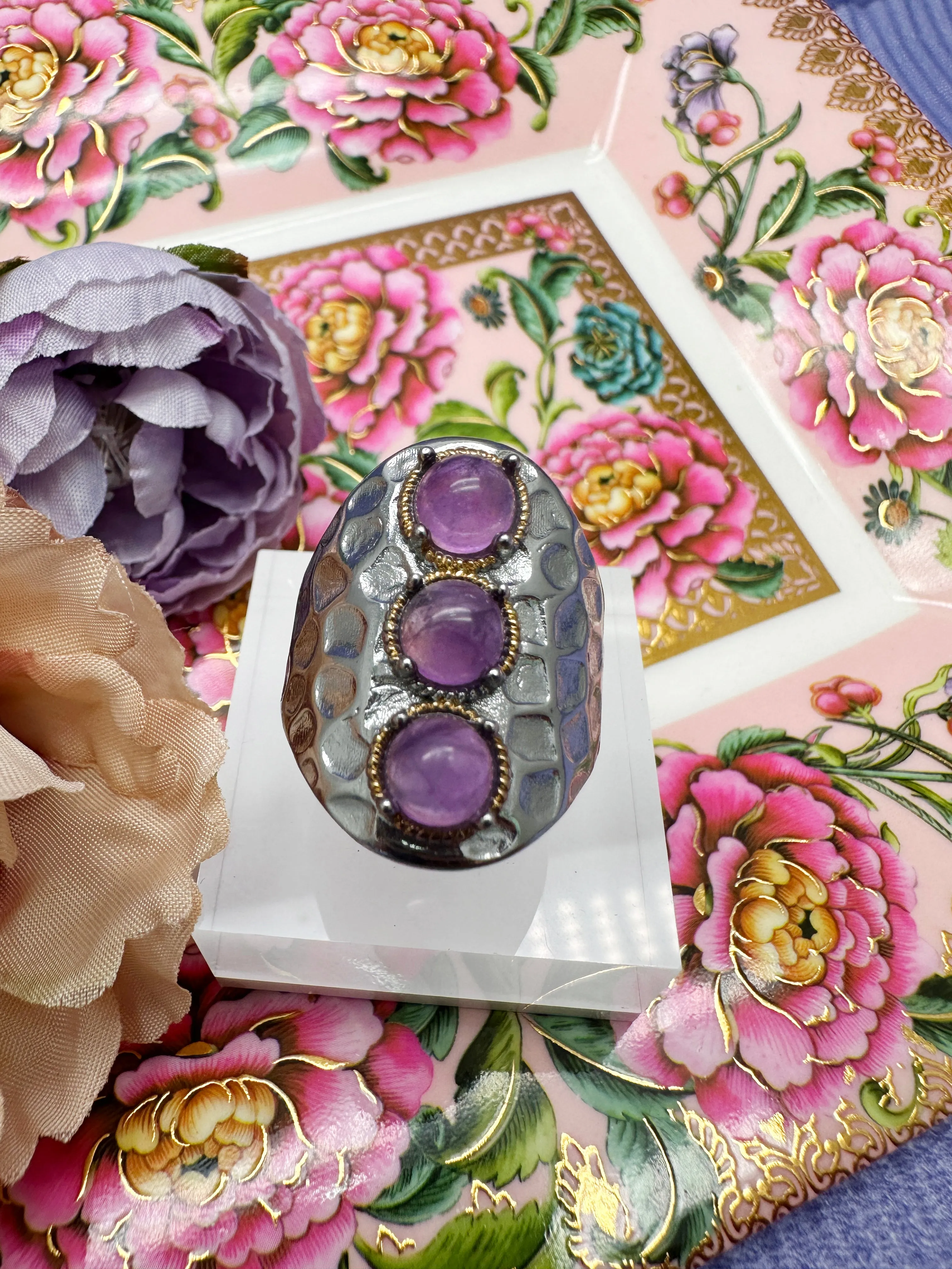 Amethyst Stones Nugget Adjustable Ring LR002