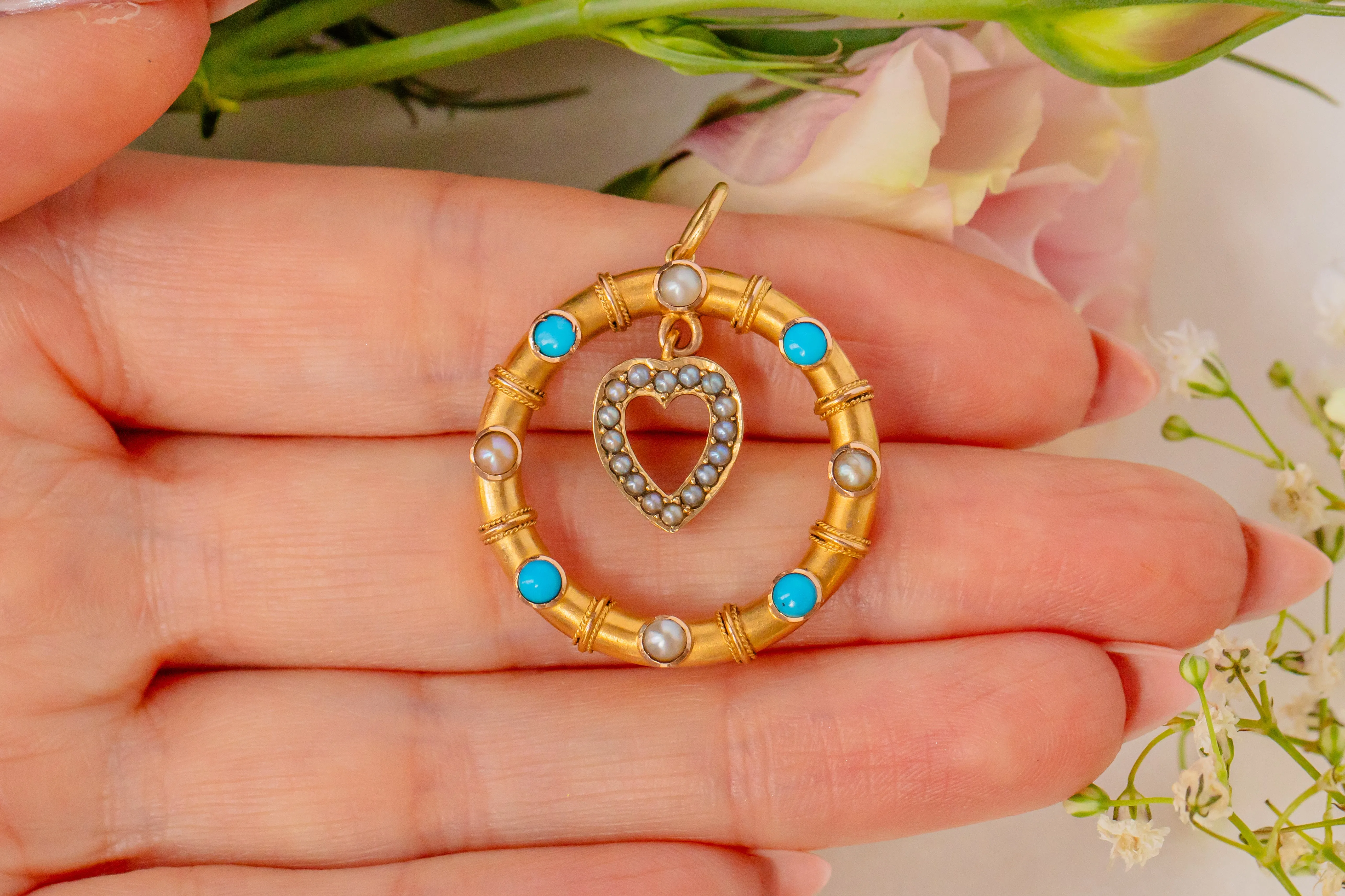 Antique 15ct Gold Heart Drop Turquoise Pearl Pendant