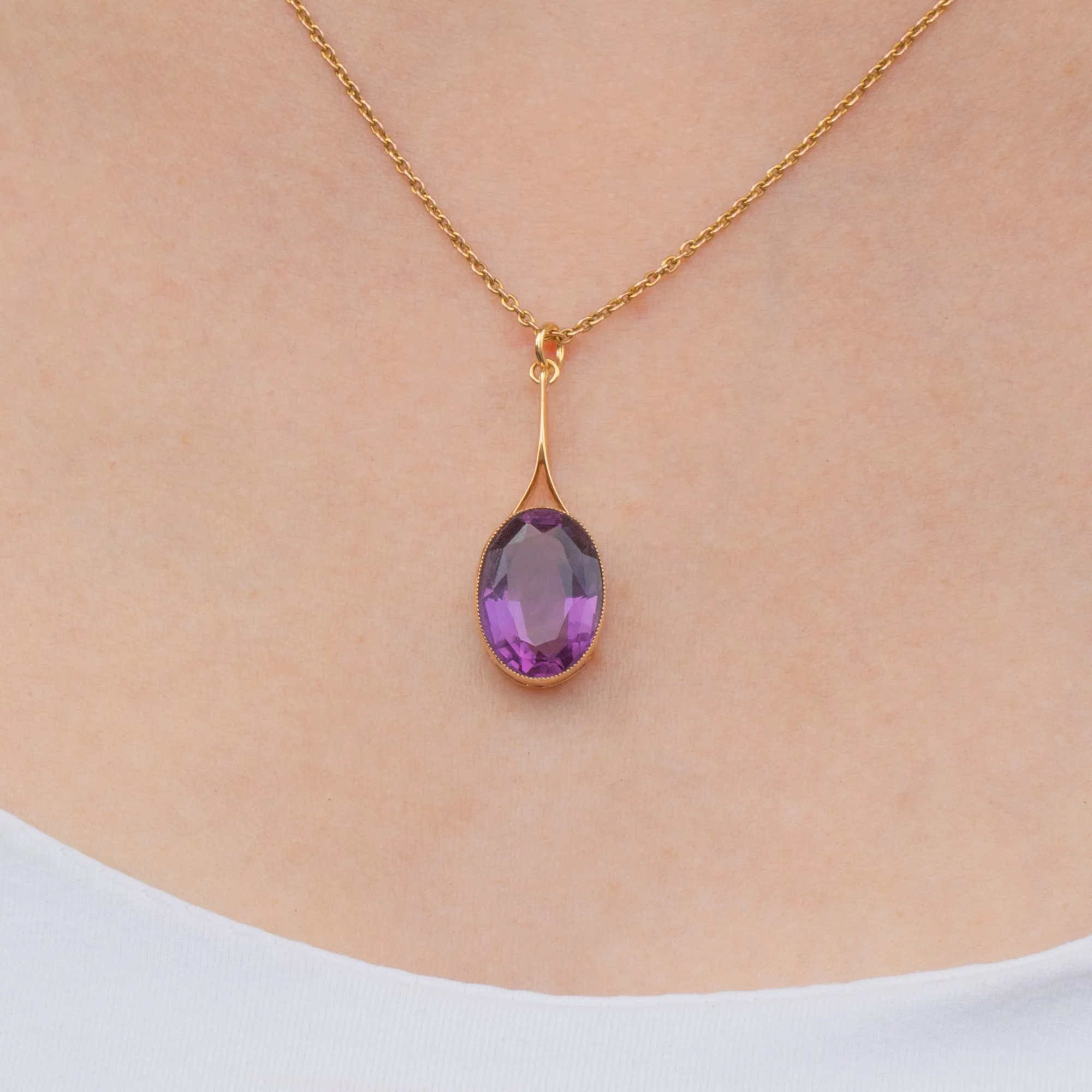 Antique 18ct Gold Amethyst Oval Drop Pendant, 6.35ct