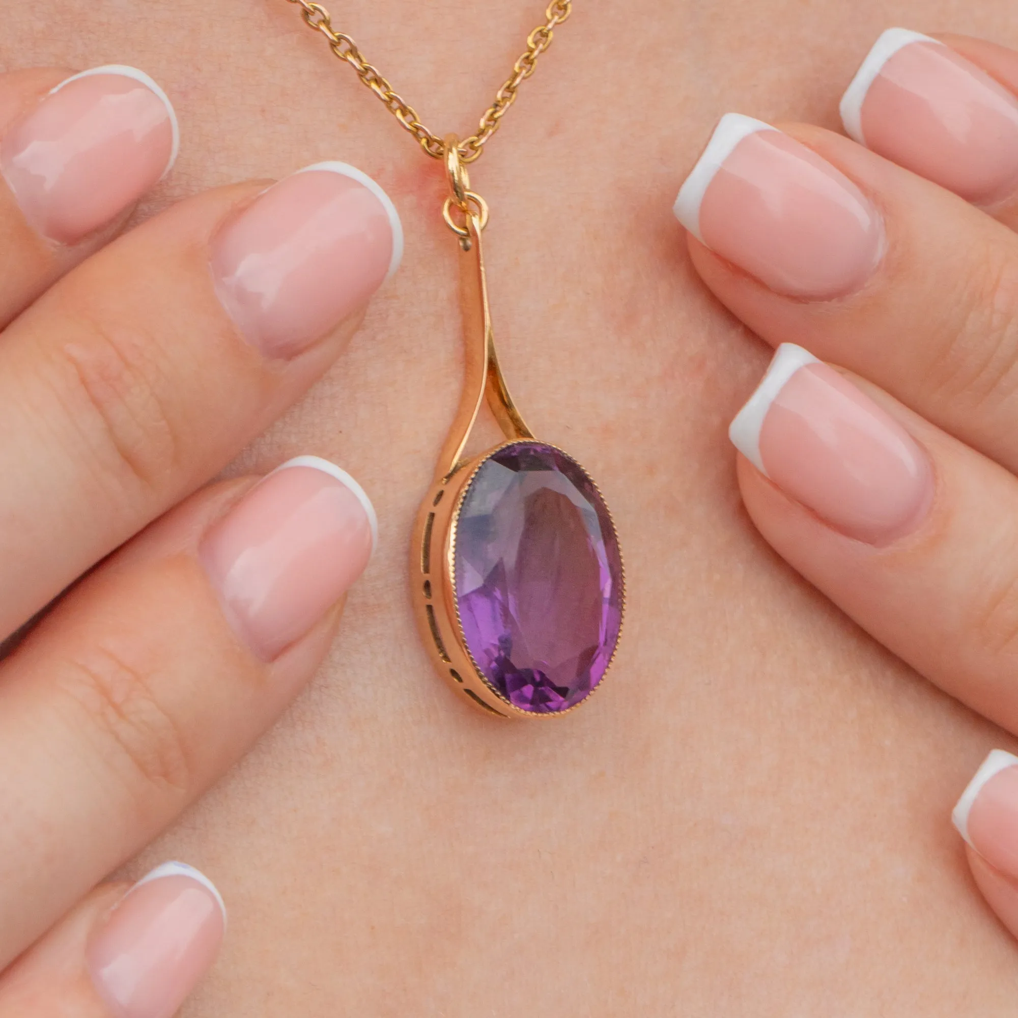 Antique 18ct Gold Amethyst Oval Drop Pendant, 6.35ct