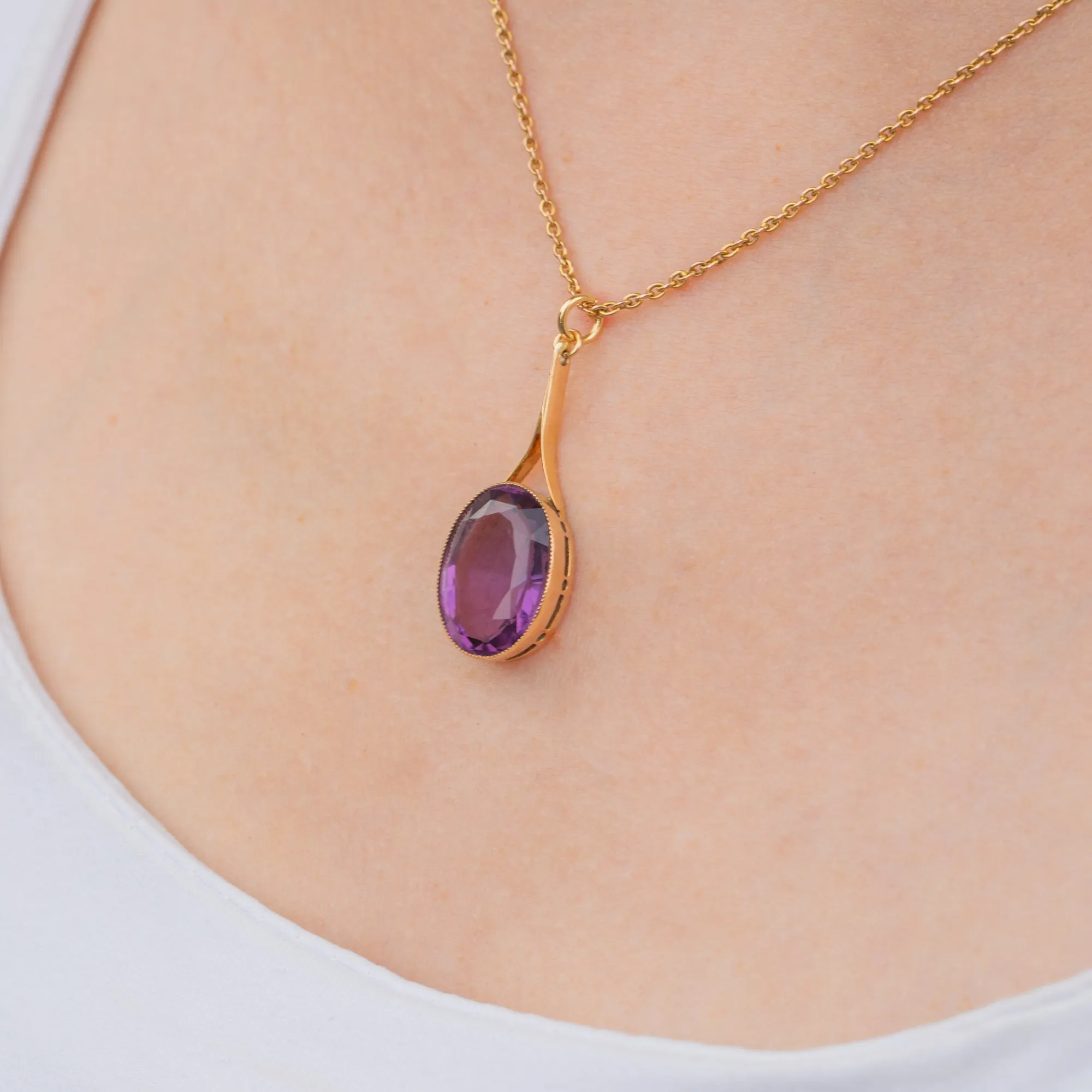 Antique 18ct Gold Amethyst Oval Drop Pendant, 6.35ct