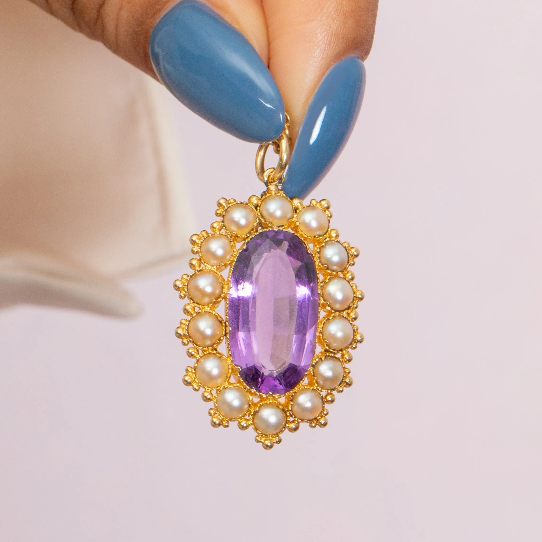 Antique 18ct Gold Amethyst Pearl Pendant 4.00ct