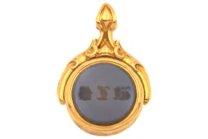 Antique 18ct Gold Bloodstone & Chalcedony Spinner Fob, Stag Intaglio