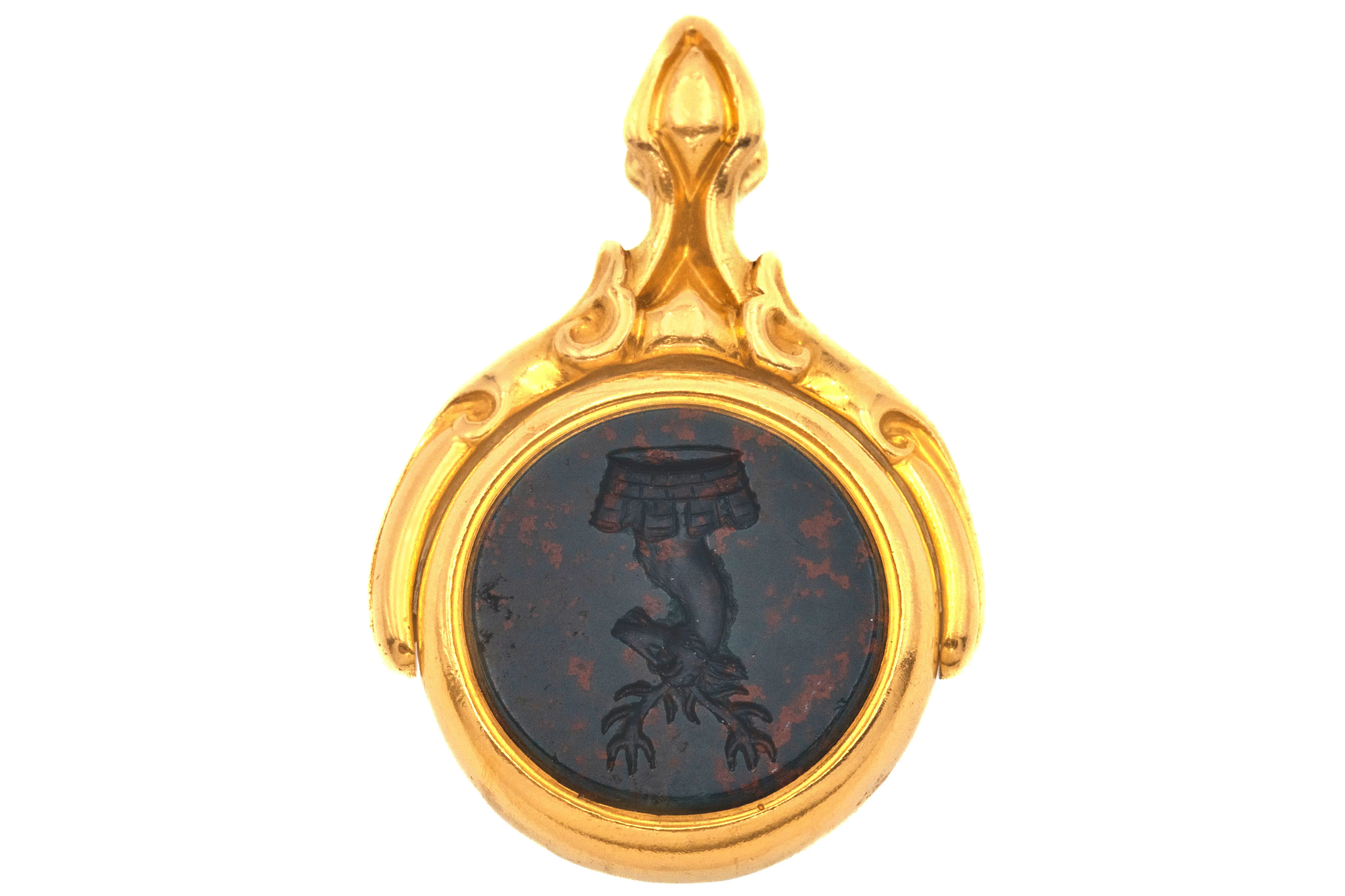 Antique 18ct Gold Bloodstone & Chalcedony Spinner Fob, Stag Intaglio