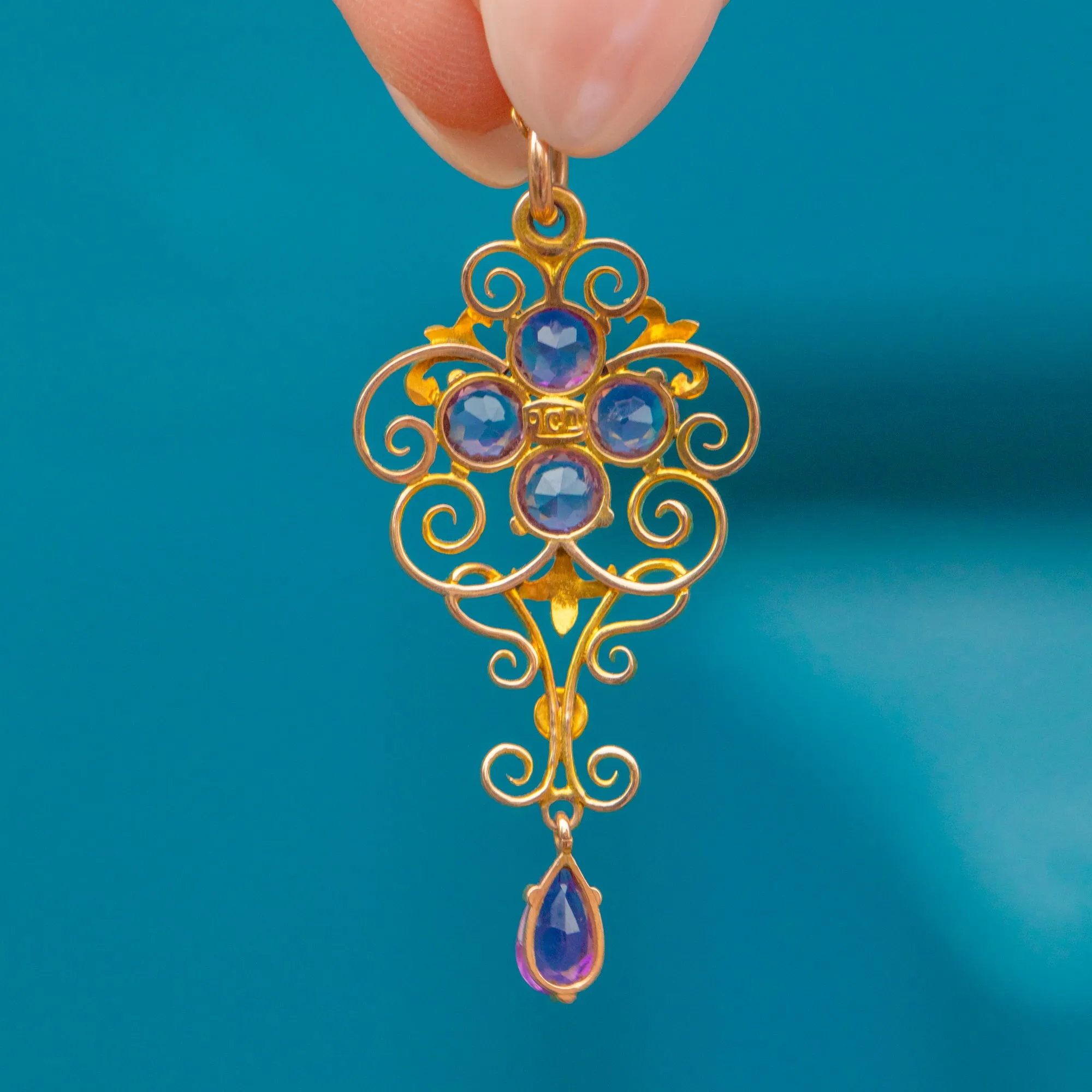 Antique 9ct Gold Amethyst Filigree Drop Pendant