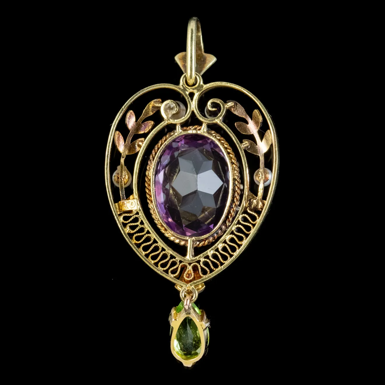 Antique Edwardian Suffragette Pendant 6Ct Amethyst Pearl Peridot 15Ct Gold Circa 1910