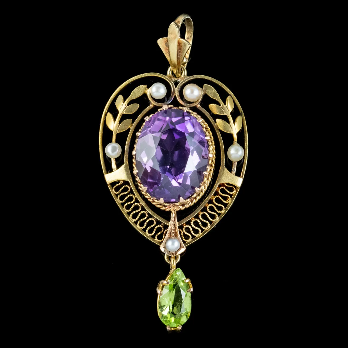 Antique Edwardian Suffragette Pendant 6Ct Amethyst Pearl Peridot 15Ct Gold Circa 1910