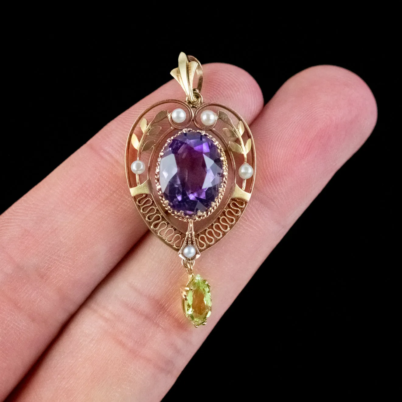 Antique Edwardian Suffragette Pendant 6Ct Amethyst Pearl Peridot 15Ct Gold Circa 1910