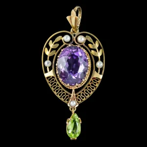 Antique Edwardian Suffragette Pendant 6Ct Amethyst Pearl Peridot 15Ct Gold Circa 1910