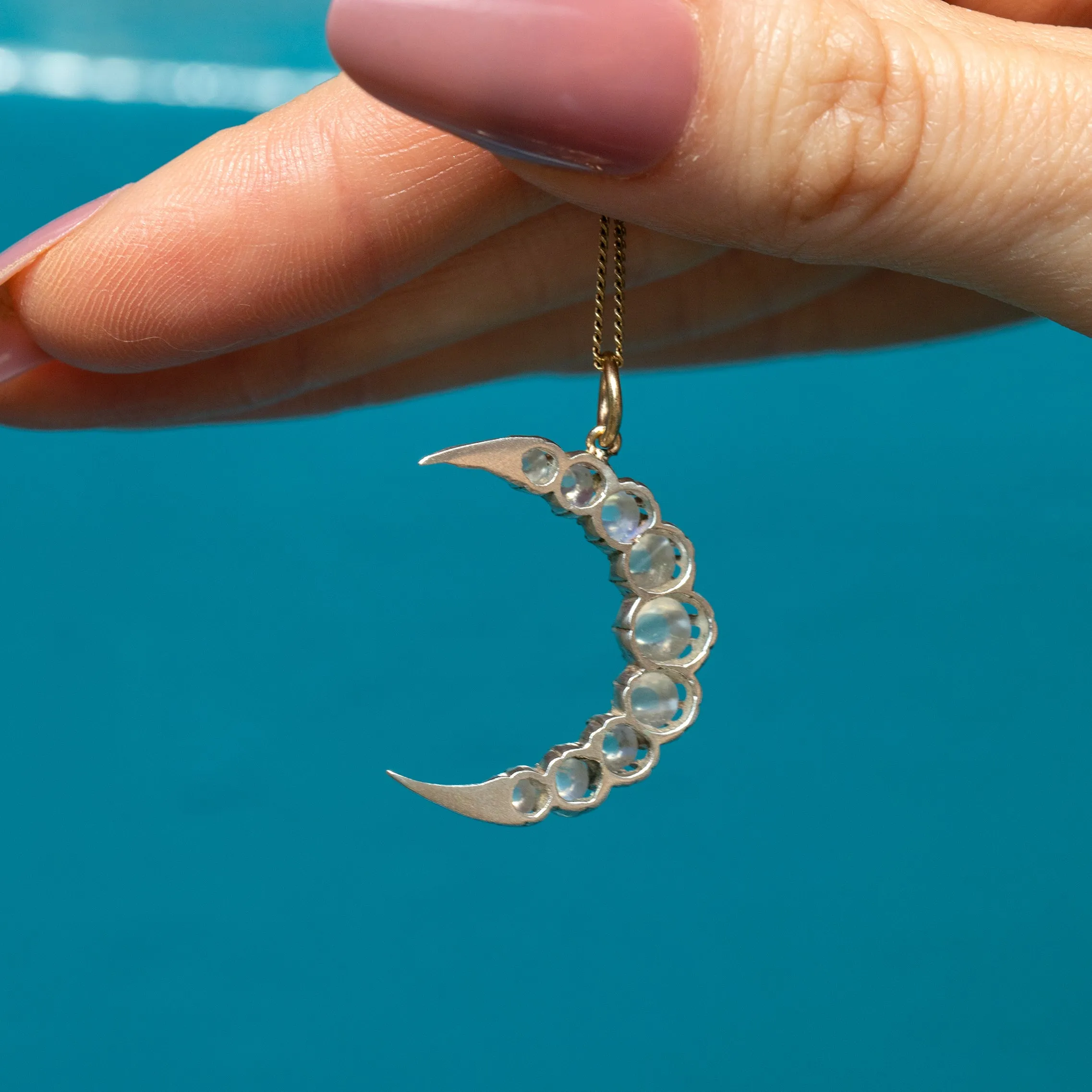 Antique Silver Moonstone Crescent Pendant, 1.70ct