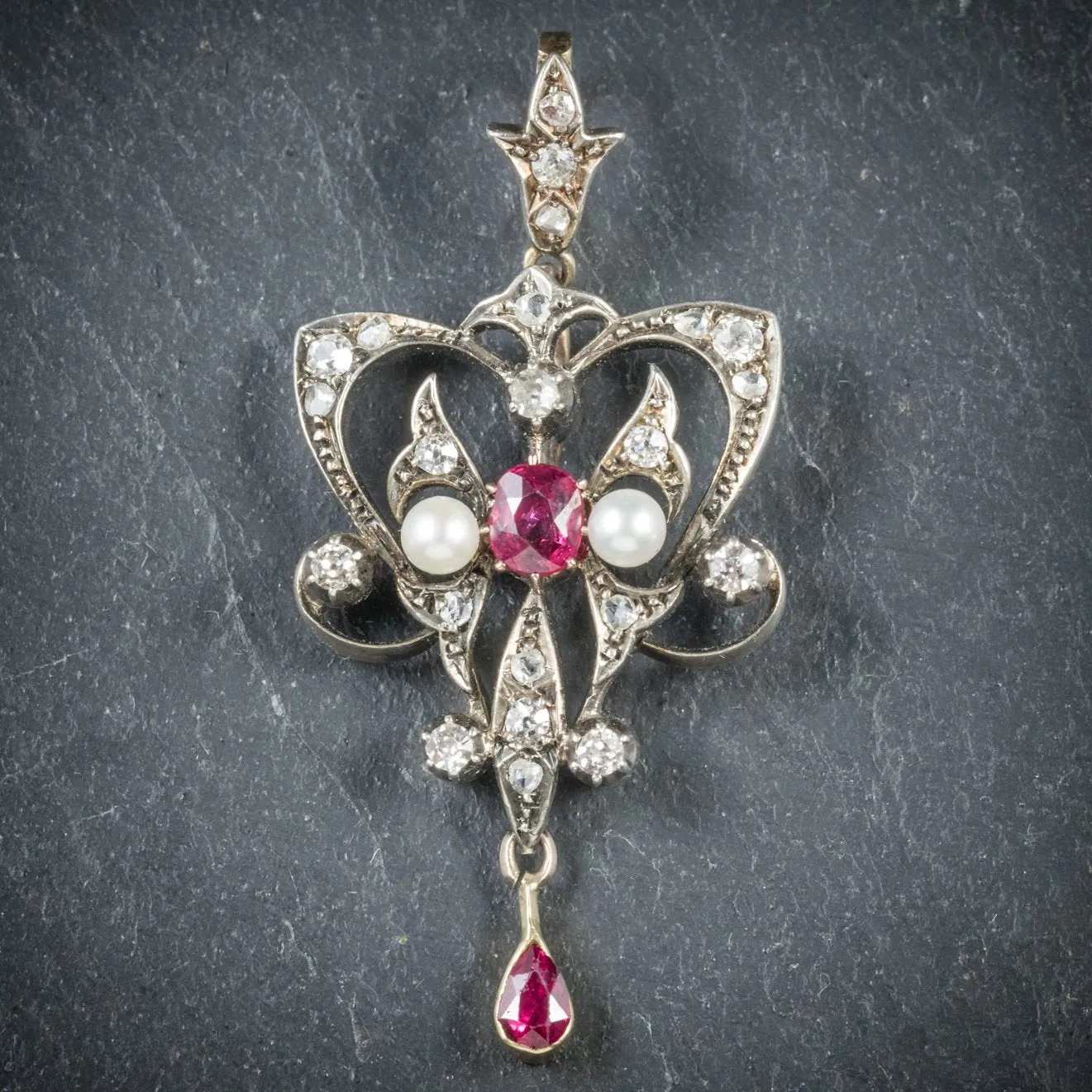 Antique Victorian Ruby Diamond Pendant Platinum Circa 1900