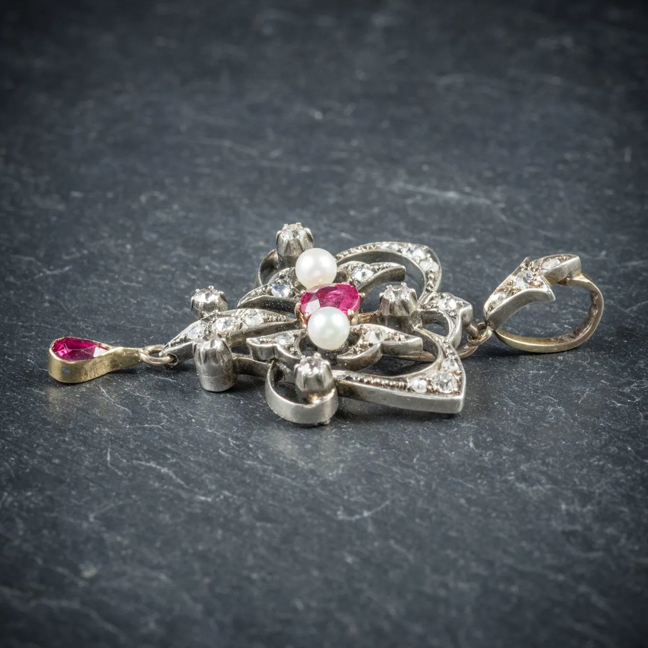 Antique Victorian Ruby Diamond Pendant Platinum Circa 1900