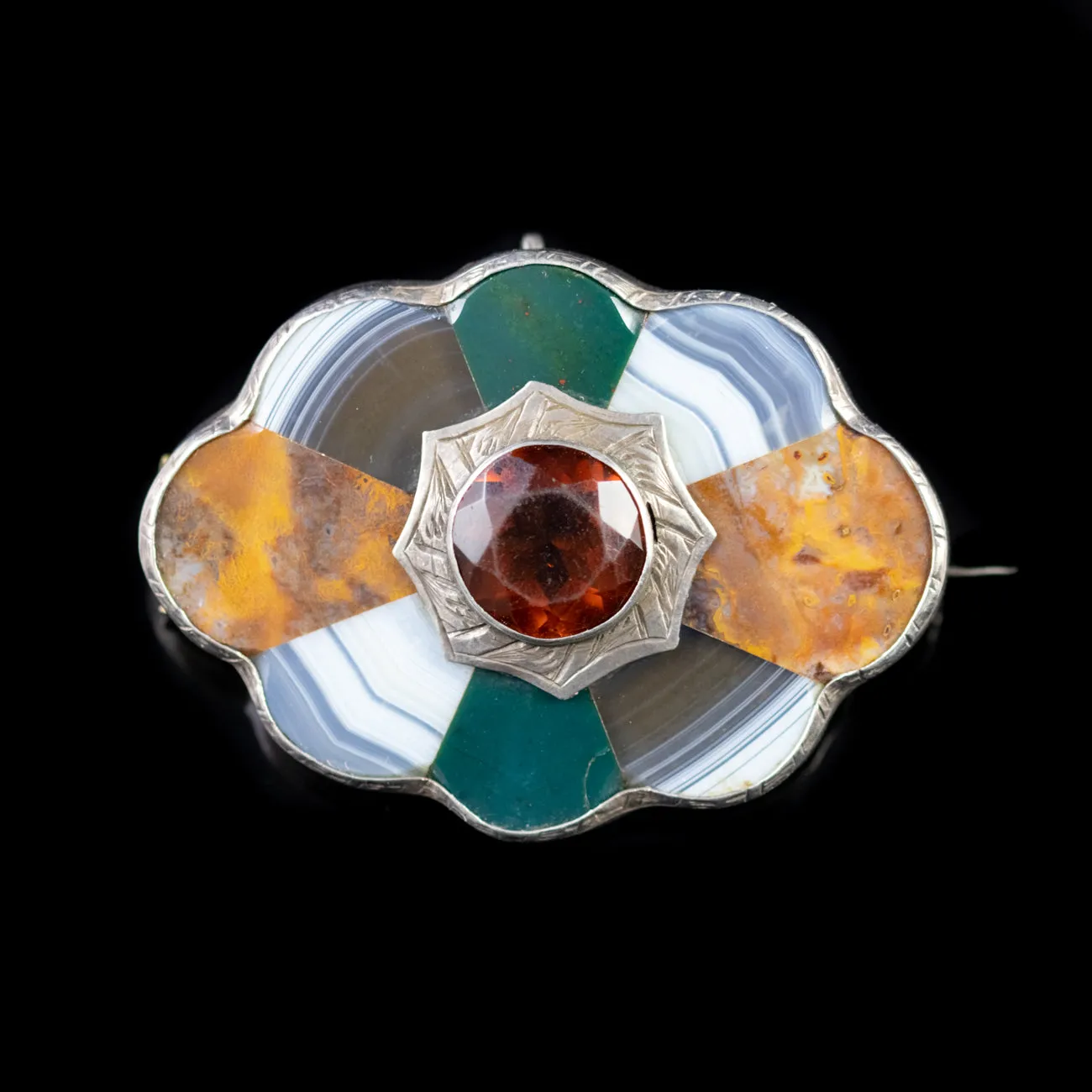 Antique Victorian Scottish Agate Paste Brooch Silver Circa 1860