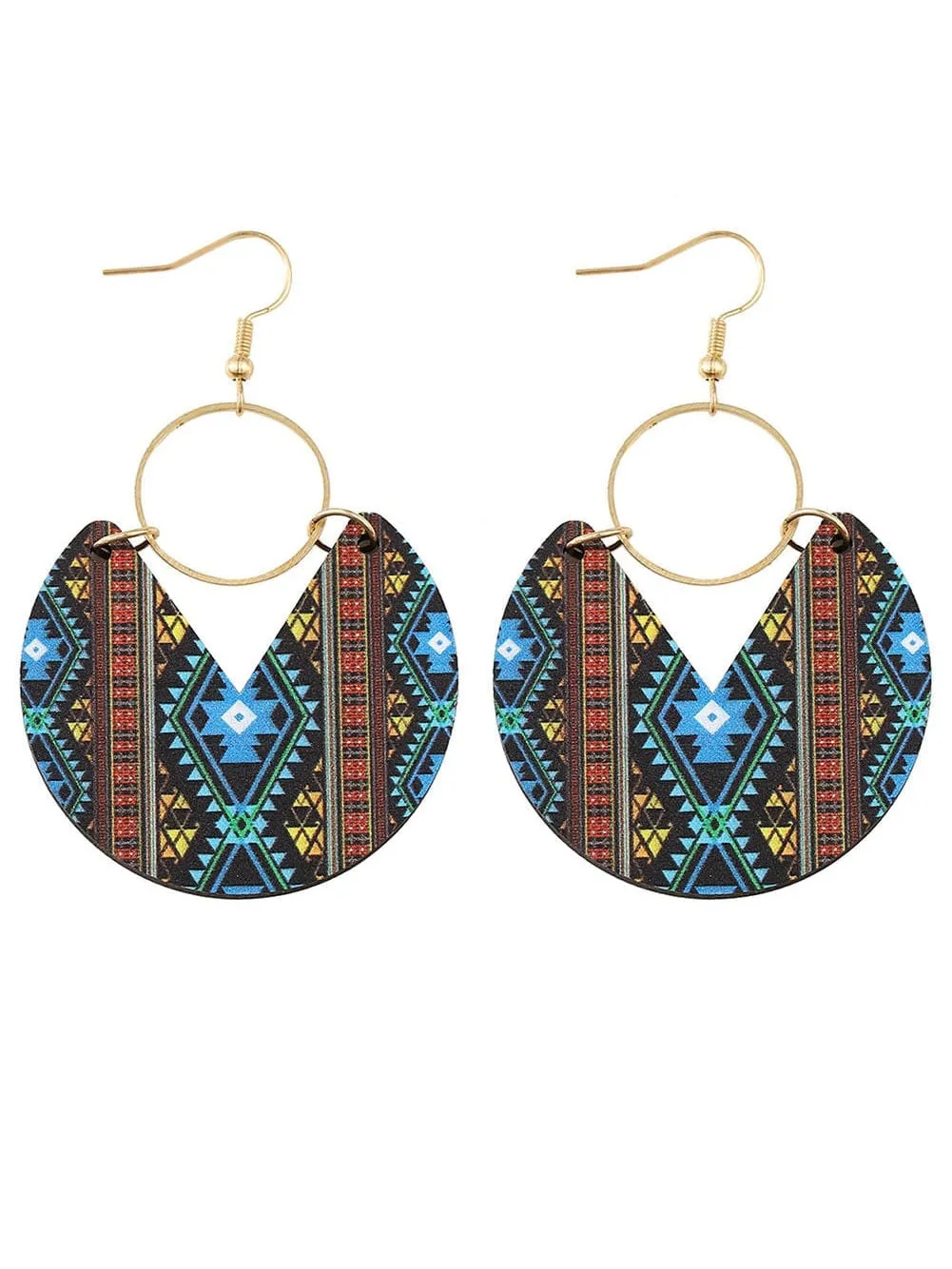 Aztec Circle Geometric Wooden Earrings with Multicolour Tribal Vibe