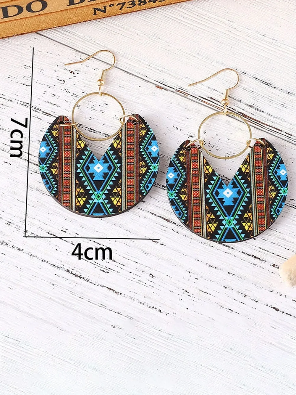 Aztec Circle Geometric Wooden Earrings with Multicolour Tribal Vibe