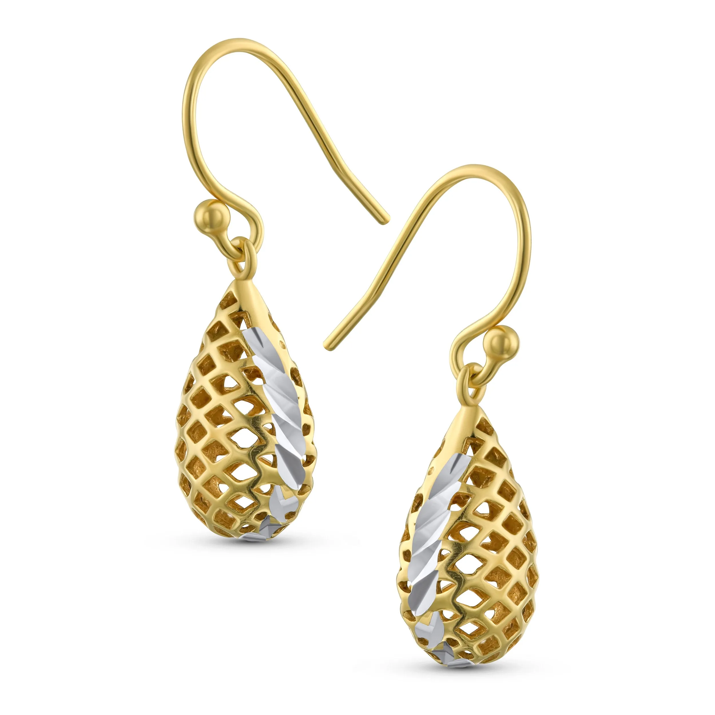 Basket Weave Puffed Raindrop Teardrop Earrings Gold Plated Sterling Silver