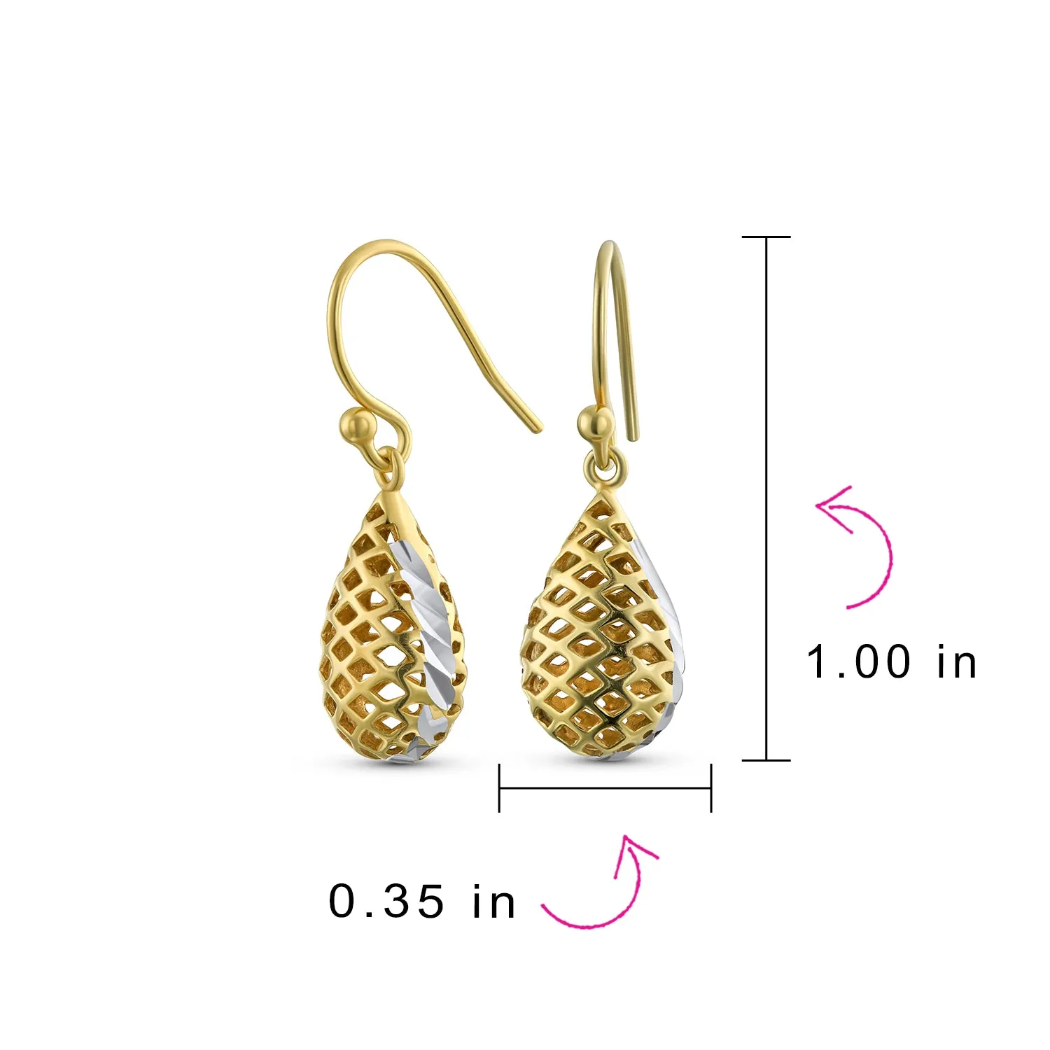 Basket Weave Puffed Raindrop Teardrop Earrings Gold Plated Sterling Silver