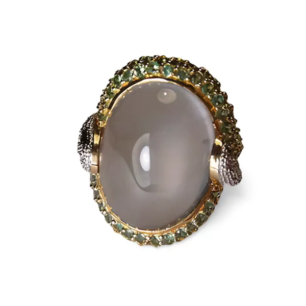 Beautiful Estate 14K Gold Cabochon Green Amethyst Tsavorite Pave Diamond Ring