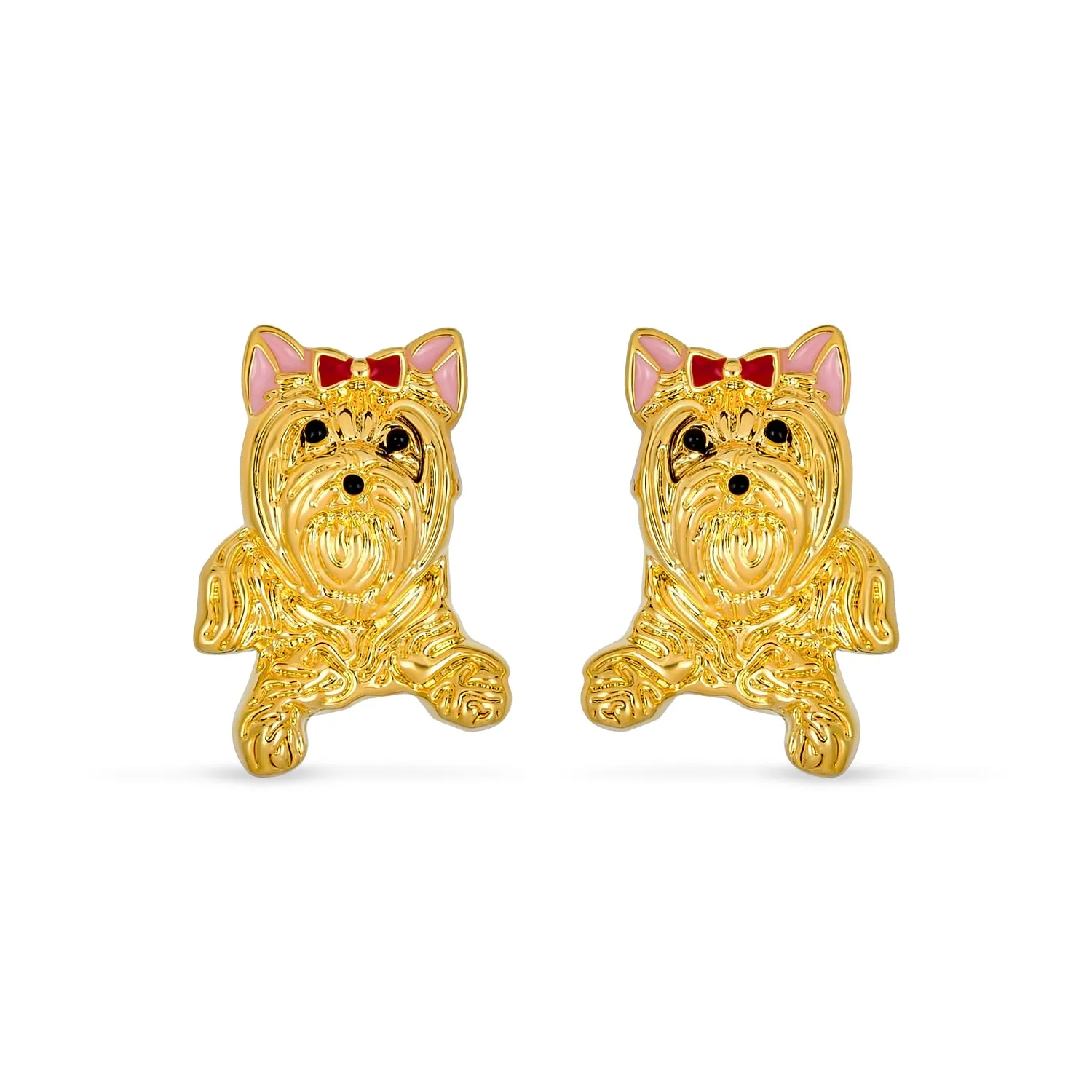 Best Friend Animal Pink Bow Yorkshire Terrier Stud Earrings 14K Gold