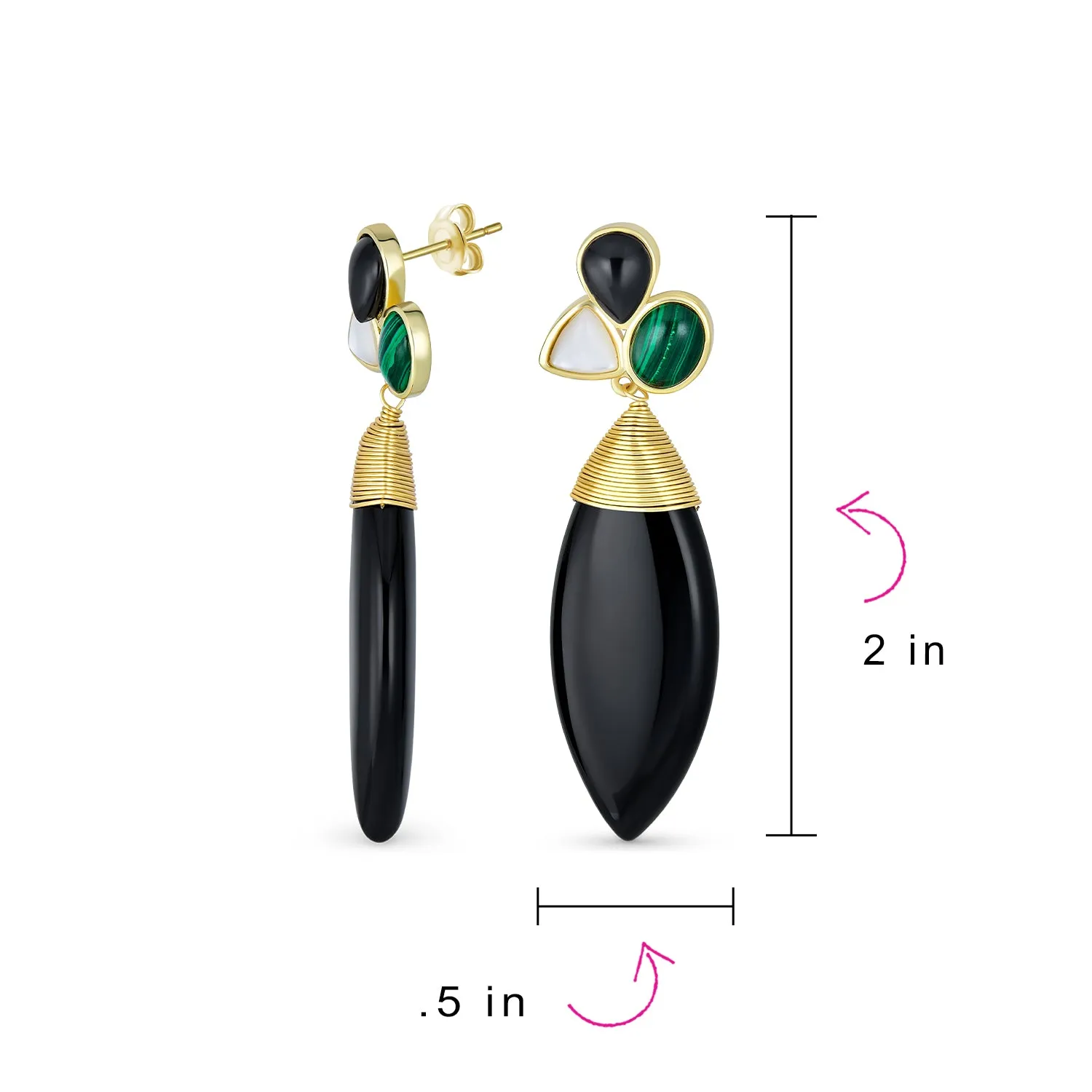 Boho Dangle Gemstone Earrings Multi-Color Geometric Onyx Teardrop Gold Plated