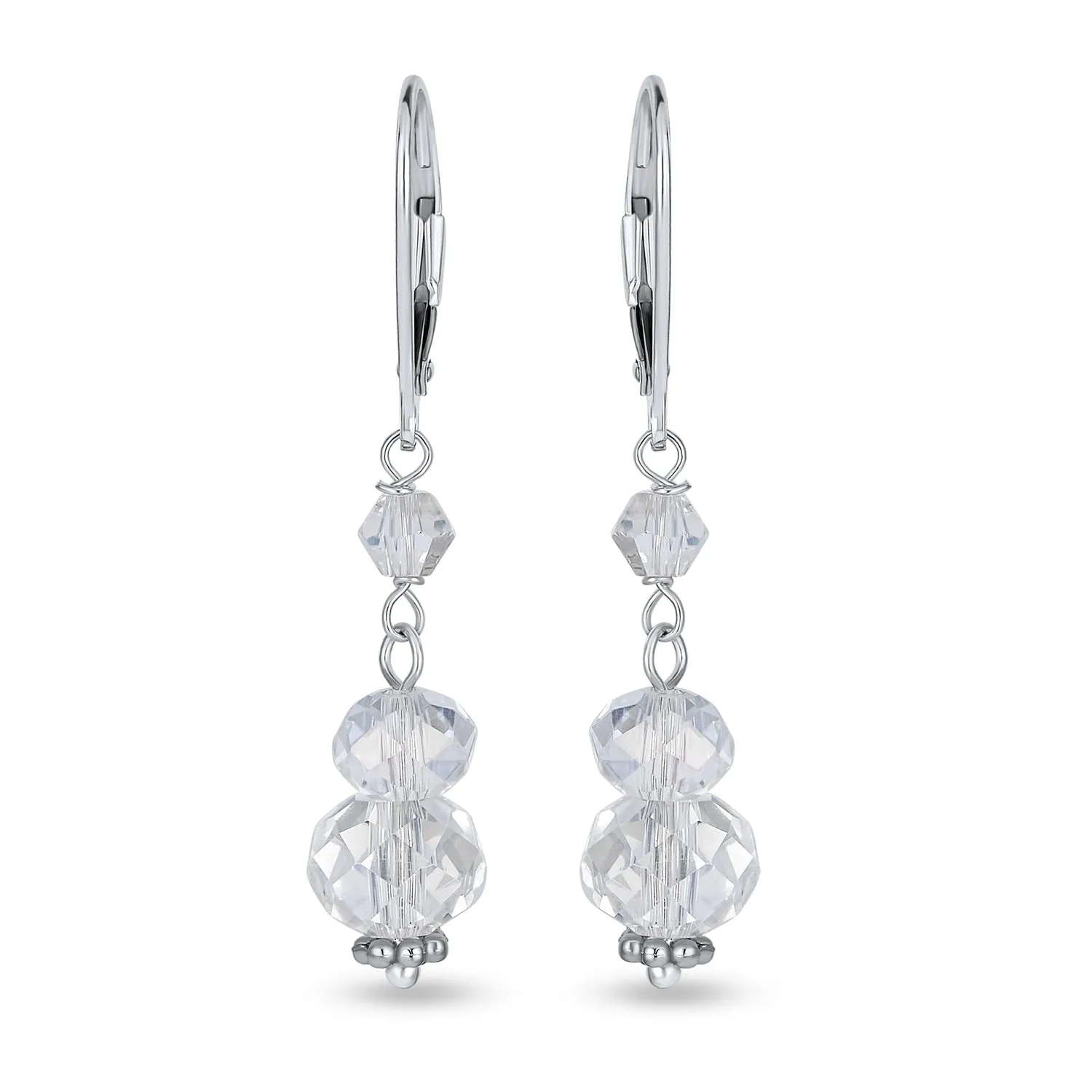 Bridal Clear Rondelle Crystal Dangle Earrings Sterling Silver Lever Back