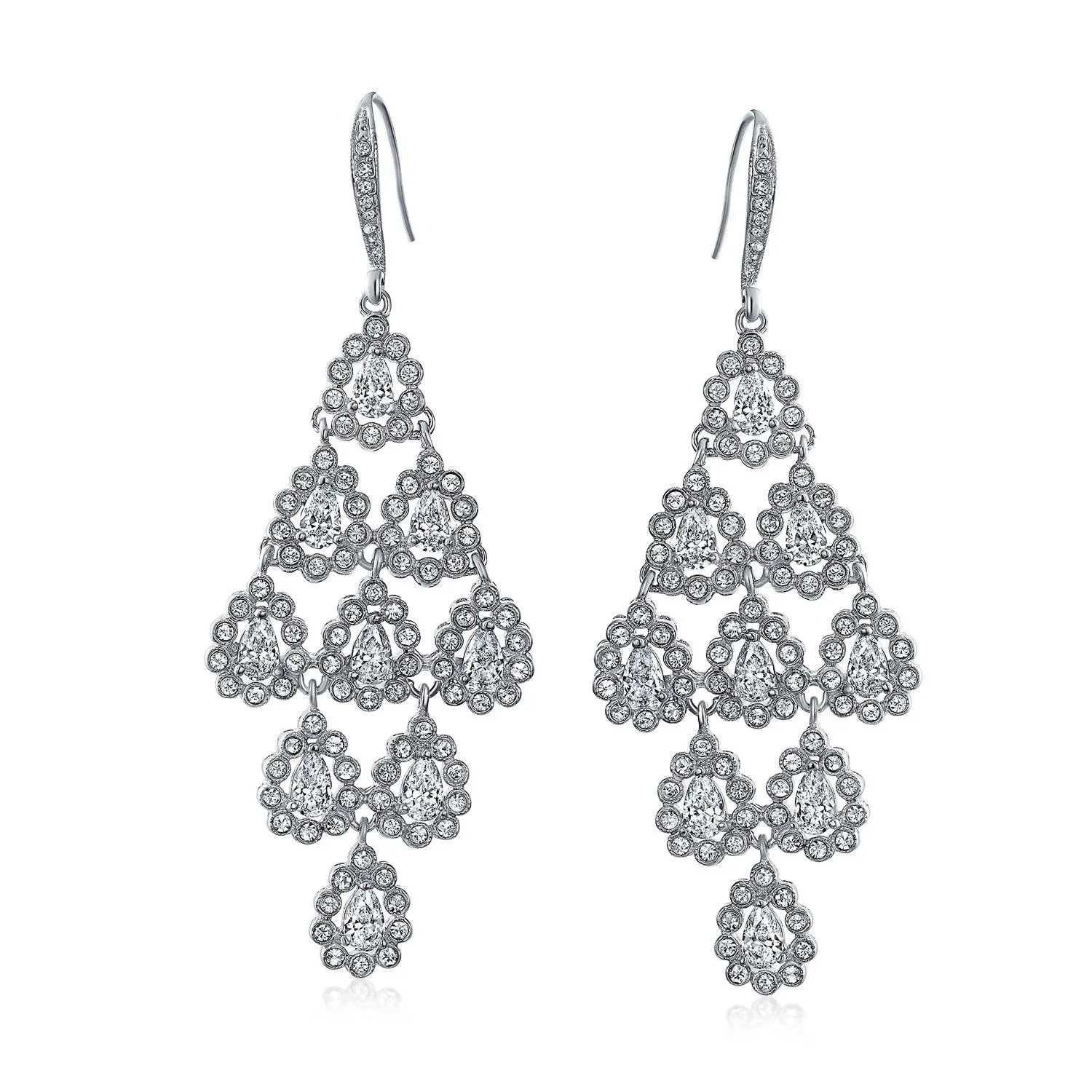 Bridal Waterfall Teardrop Dangle Chandelier Earrings Silver Plated Statement Piece