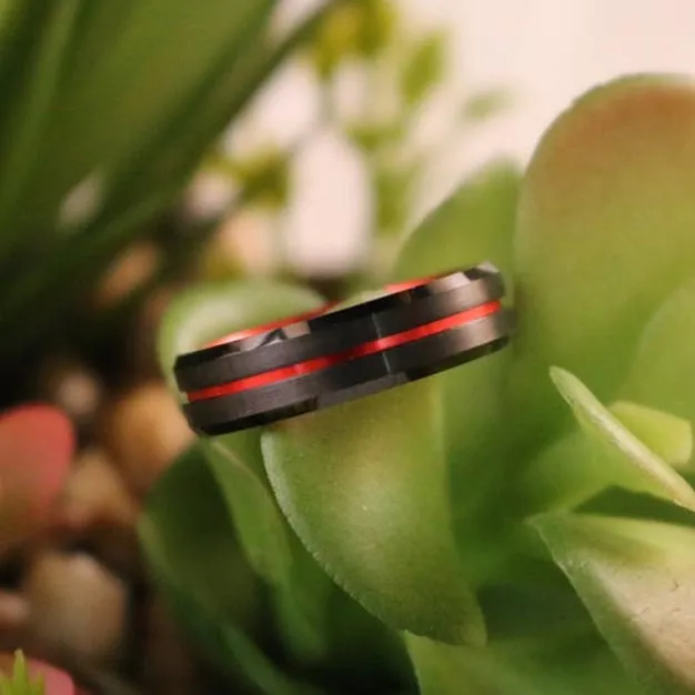 BUGATTI | Red Ring, Black Tungsten, Red Groove, Beveled Edges