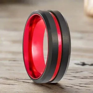 BUGATTI | Red Ring, Black Tungsten, Red Groove, Beveled Edges