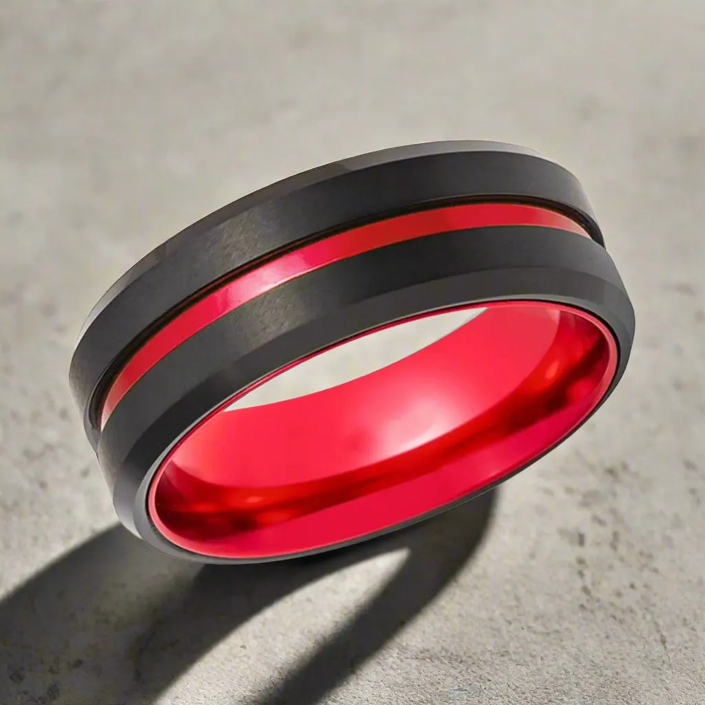 BUGATTI | Red Ring, Black Tungsten, Red Groove, Beveled Edges