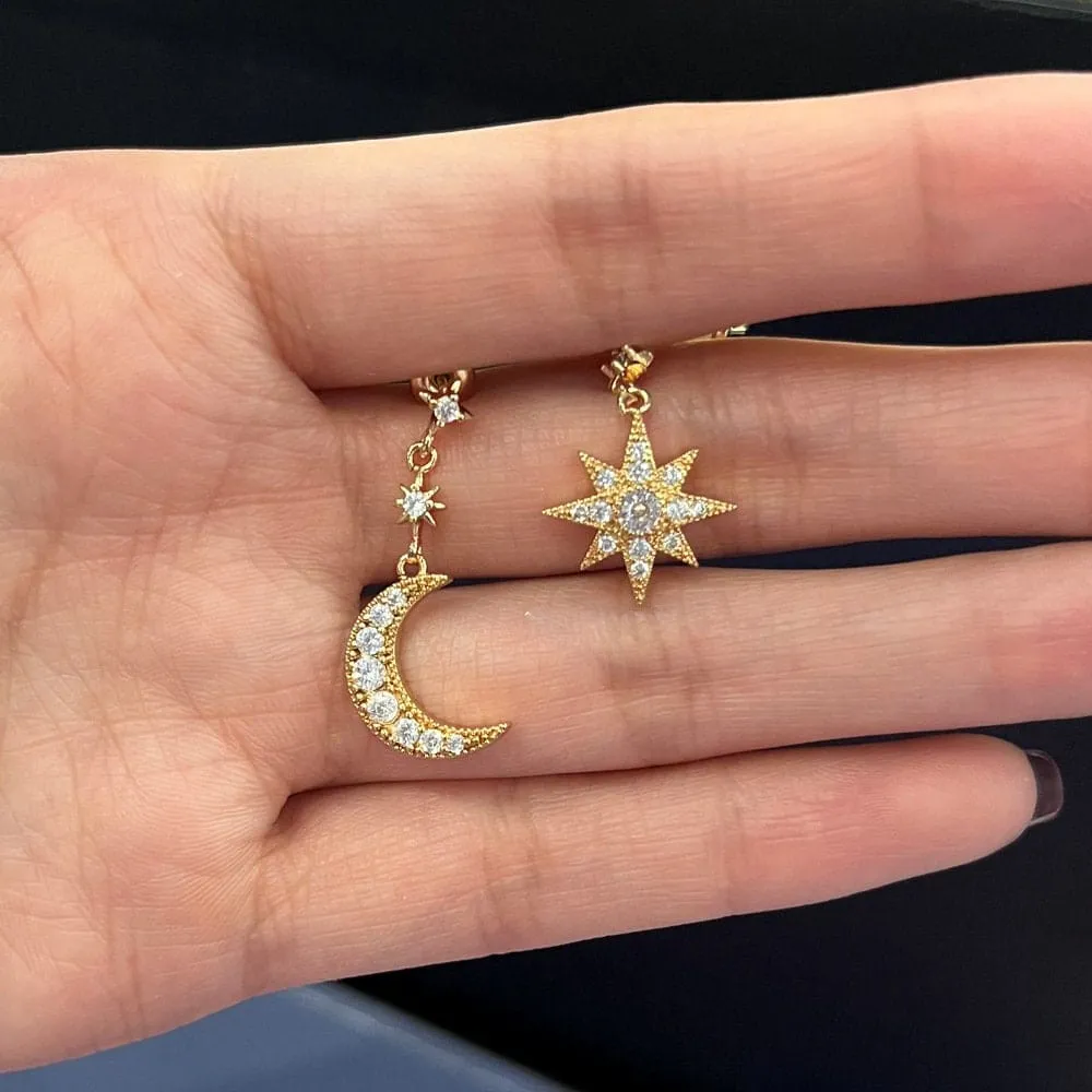 Chic Rhinestone Moon Star Dangle Earrings