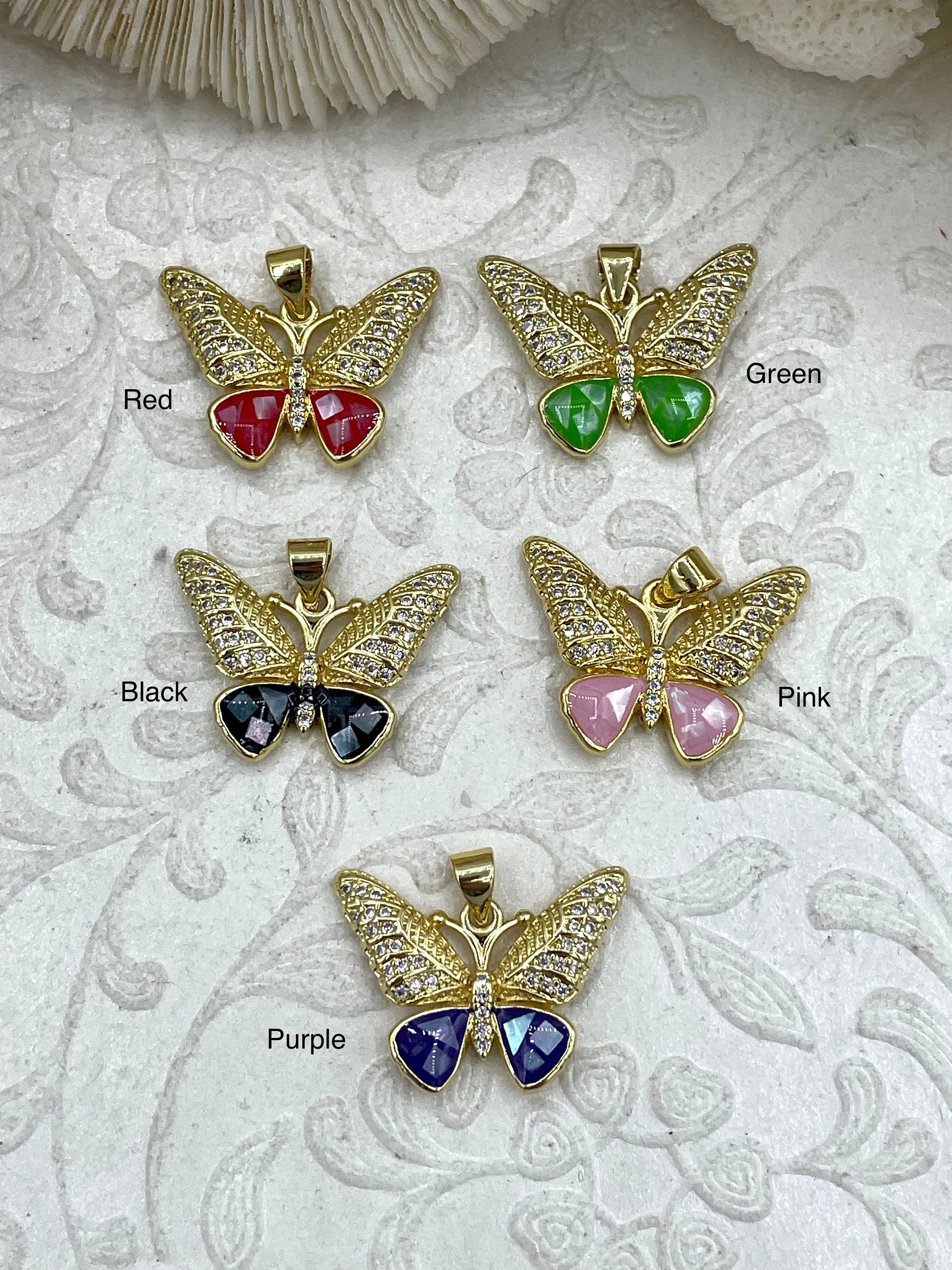 Colorful Enamel and Gold Butterfly Pendants with CZ, Gold Butterfly Charm, 5 Colors, Enamel and Gold Plated Brass Pendants, Fast Ship.