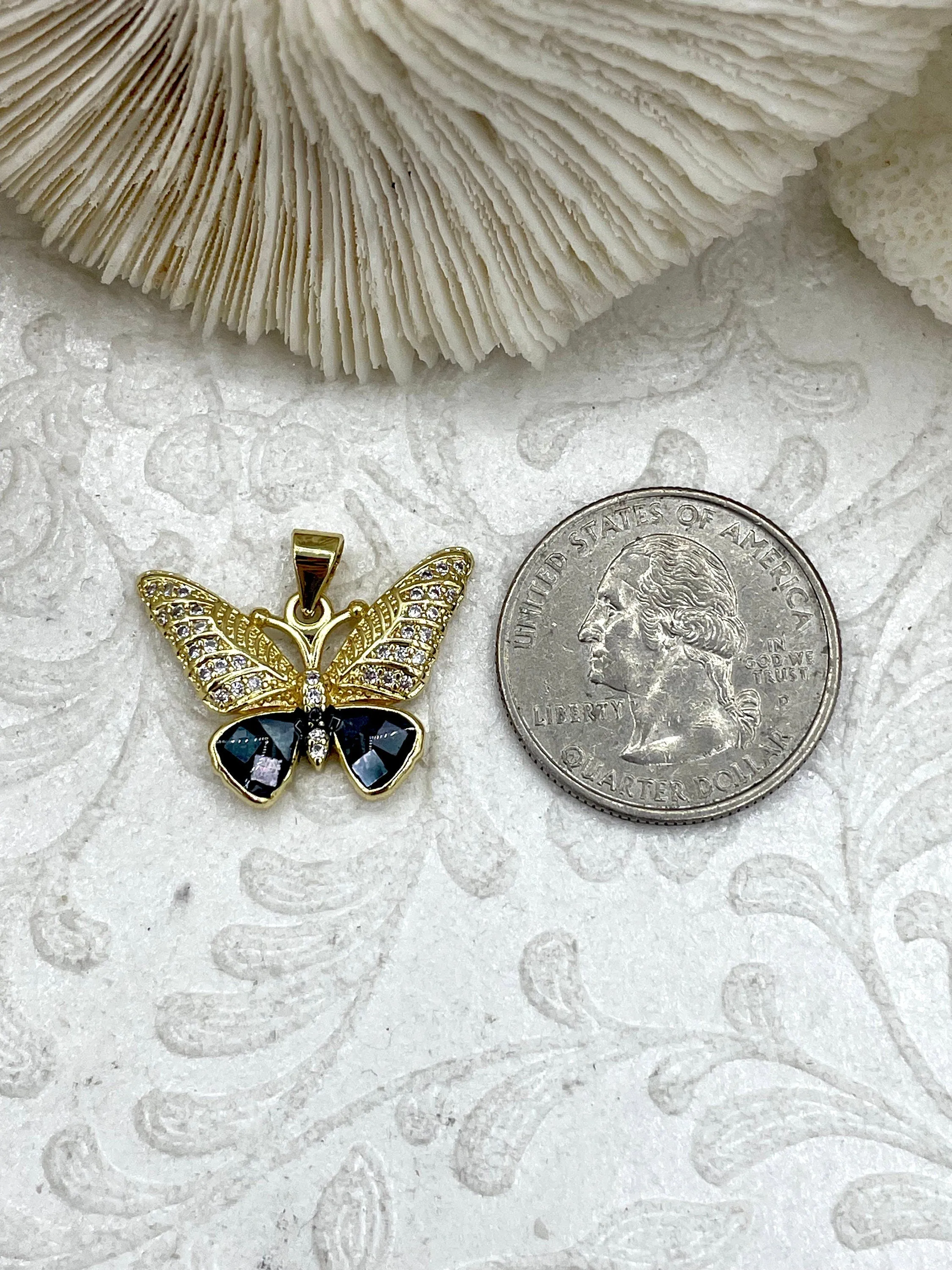 Colorful Enamel and Gold Butterfly Pendants with CZ, Gold Butterfly Charm, 5 Colors, Enamel and Gold Plated Brass Pendants, Fast Ship.