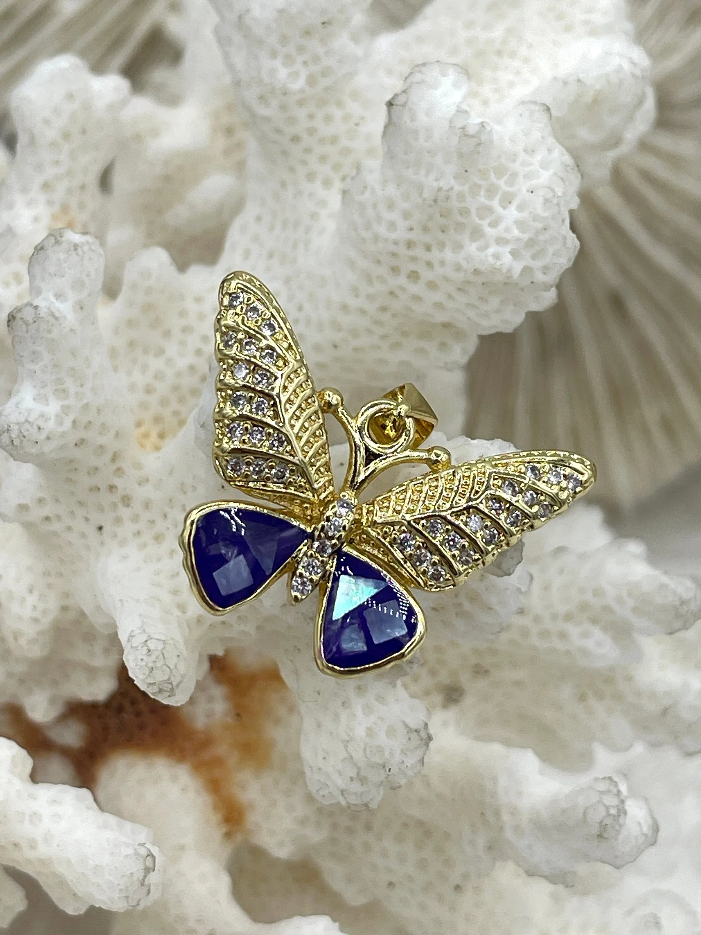 Colorful Enamel and Gold Butterfly Pendants with CZ, Gold Butterfly Charm, 5 Colors, Enamel and Gold Plated Brass Pendants, Fast Ship.