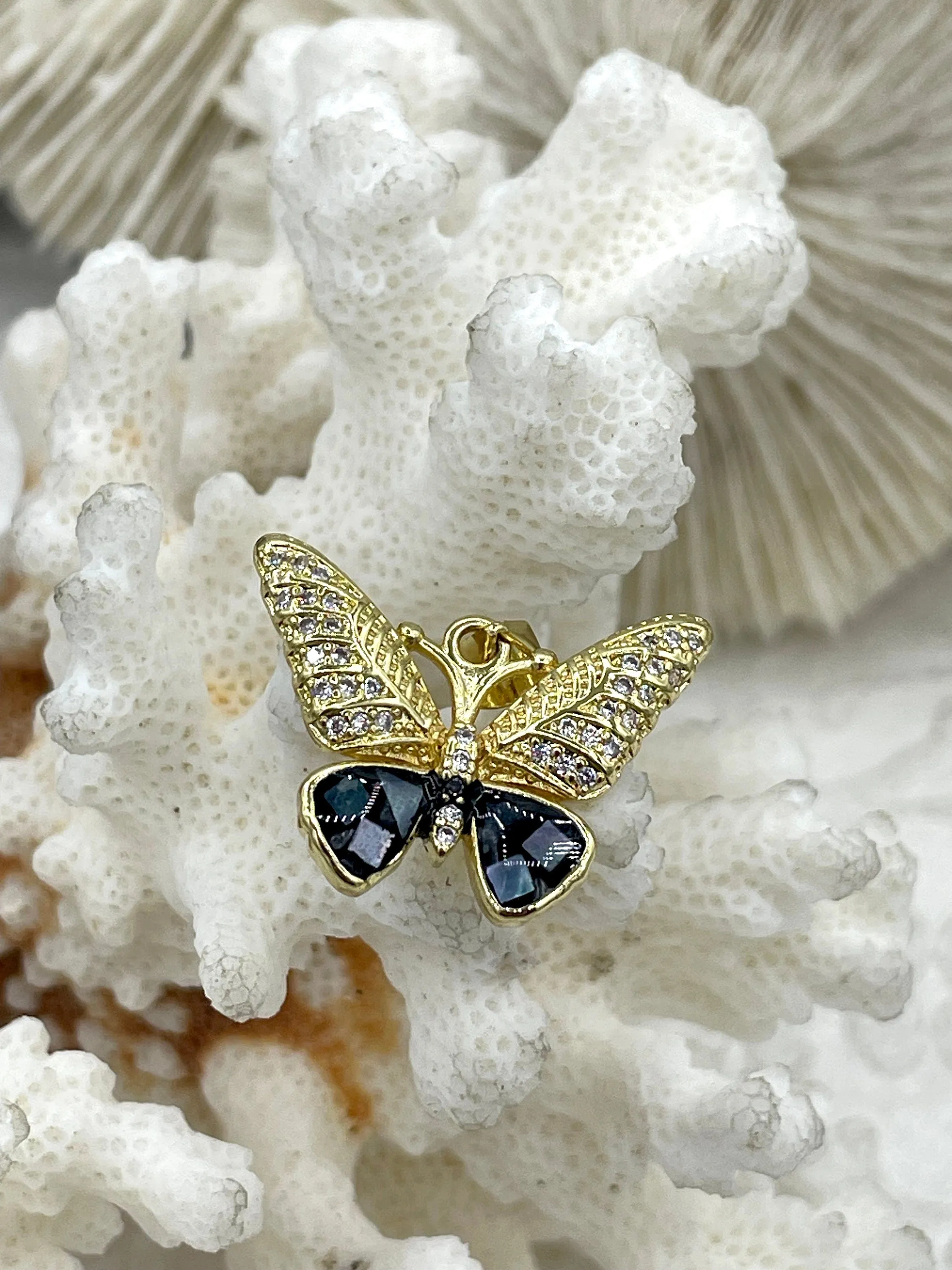 Colorful Enamel and Gold Butterfly Pendants with CZ, Gold Butterfly Charm, 5 Colors, Enamel and Gold Plated Brass Pendants, Fast Ship.