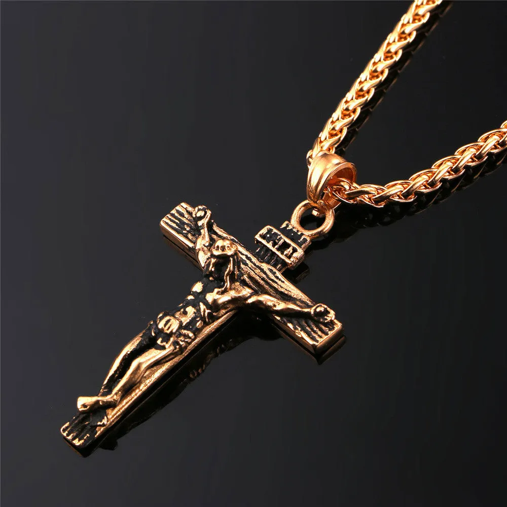 Cross Necklace Women/Men Stainless Steel Jewelry Trendy Gold Plated INRI Crucifix Jesus Piece Cross Pendant