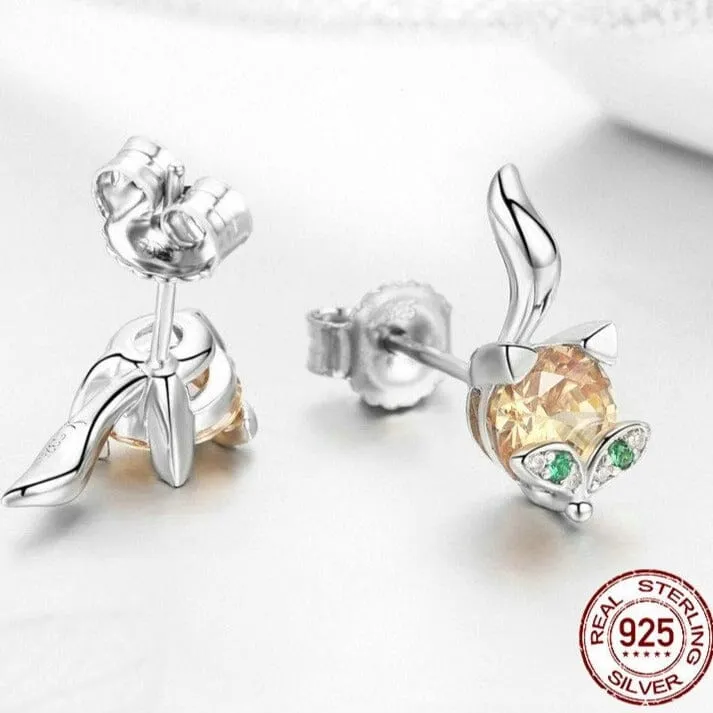 Cute Citrine Crystal Fox Stud Earrings - 925 Sterling Silver