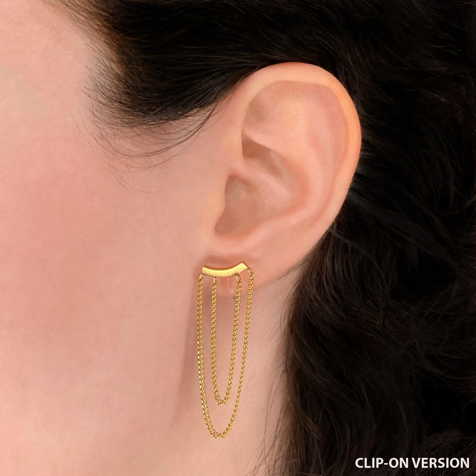 DOUBLE CHAIN DANGLE CLIP-ON EARRINGS IN GOLD