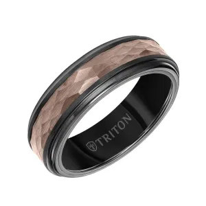 DUNN 7MM Brown & Black Tungsten Carbide Ring - Hammered Center and Step Edge