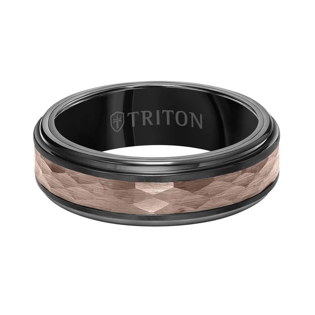 DUNN 7MM Brown & Black Tungsten Carbide Ring - Hammered Center and Step Edge