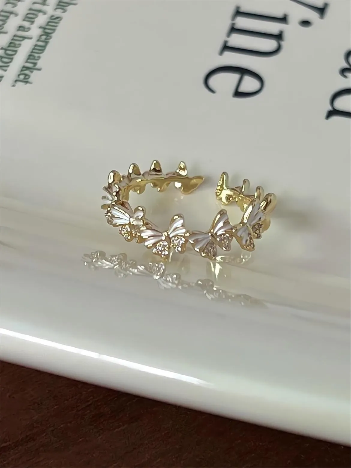 Elegant Gold Enamel Butterfly Ring