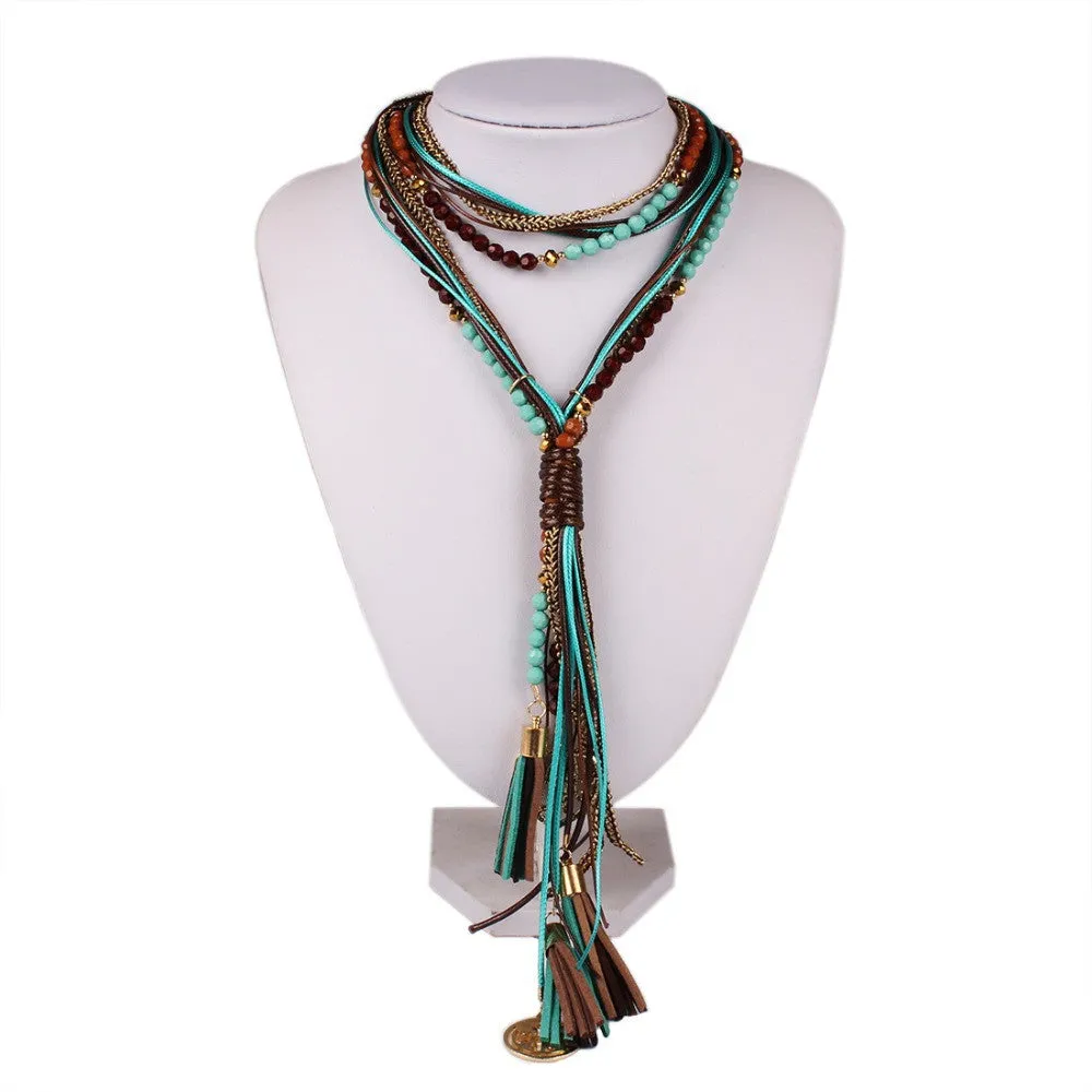 Fashion National Long Necklace Handmade Leather rope Measly Maxi Necklace Fine Jewelry