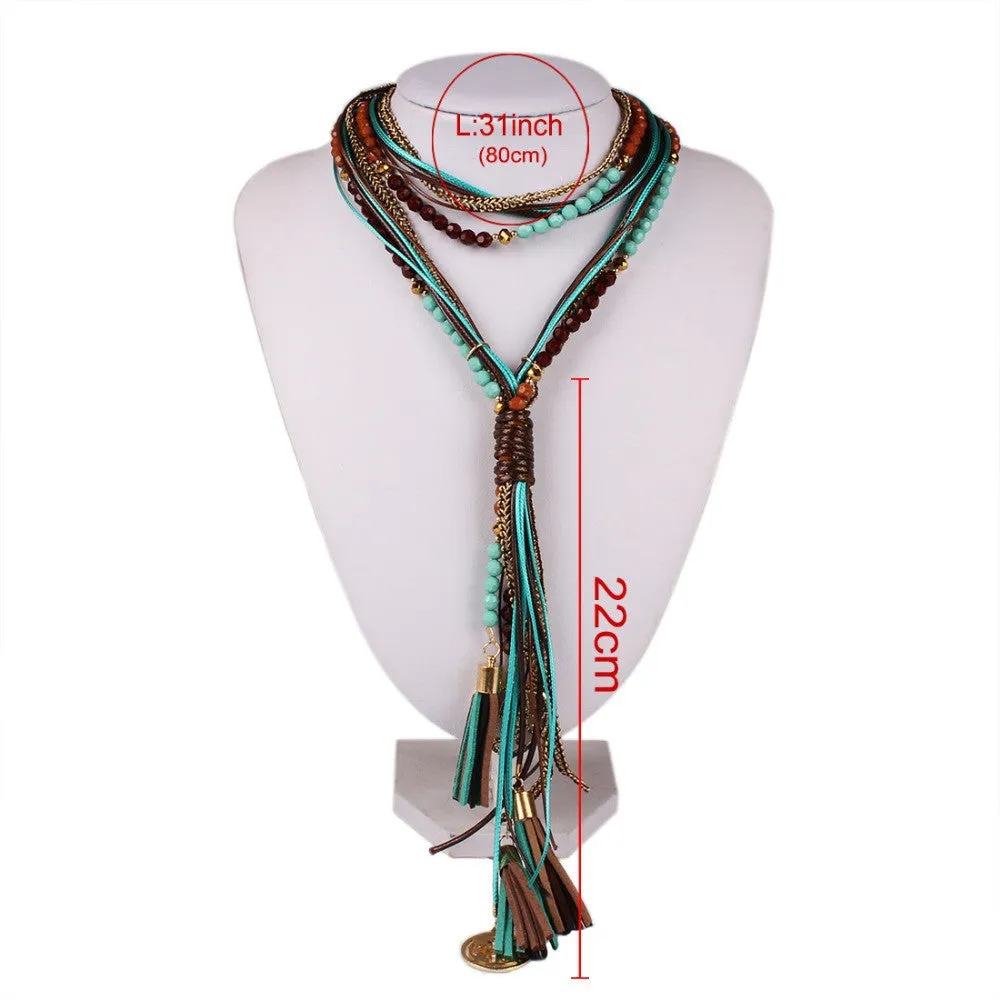 Fashion National Long Necklace Handmade Leather rope Measly Maxi Necklace Fine Jewelry