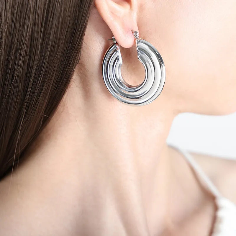 Fashionable Titanium and Gold-Plated Circular Earrings for Women