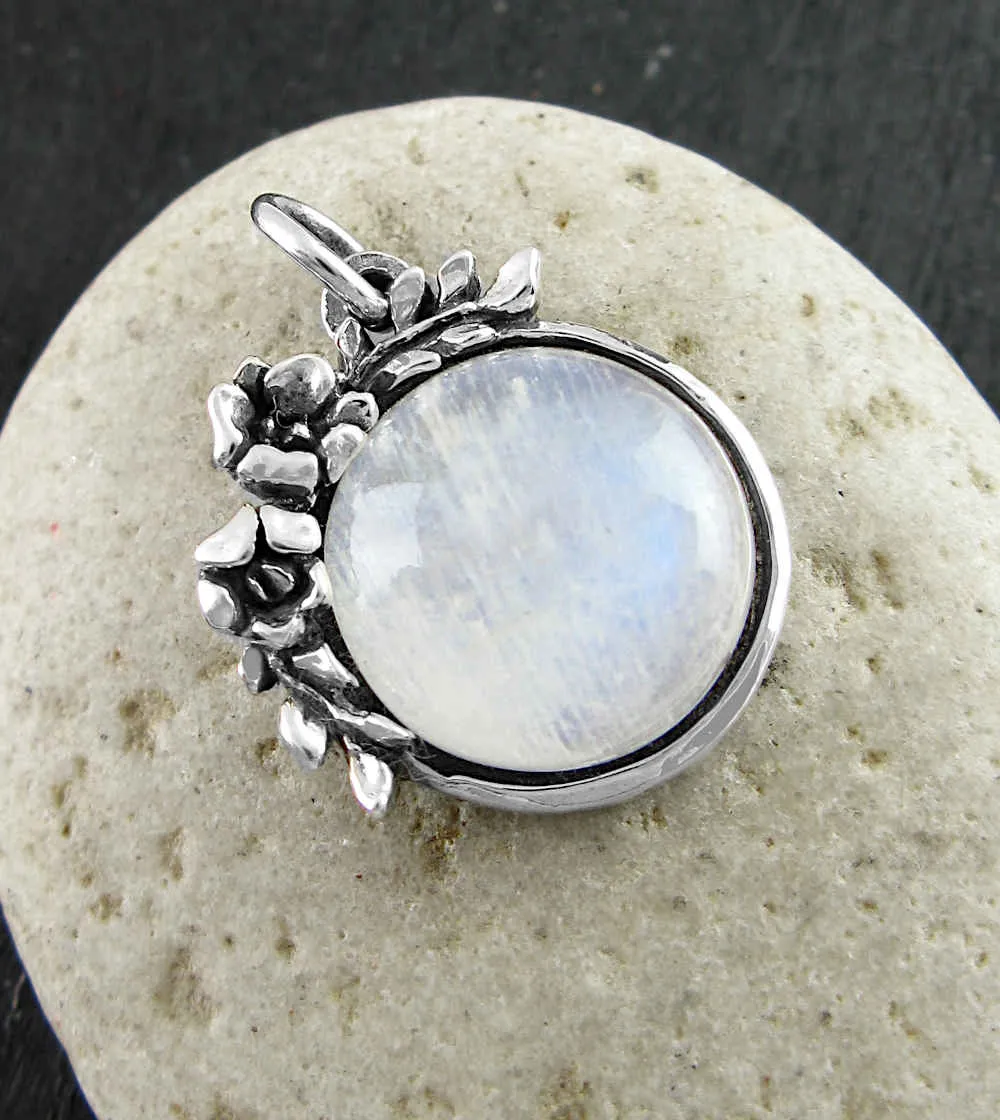 Floral Vines Moonstone Cabochon Pendant, Handmade