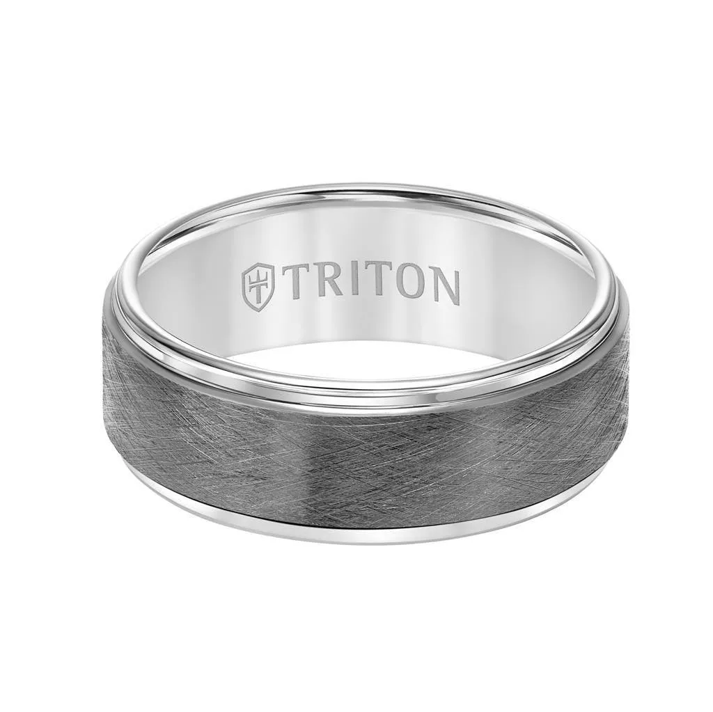 GATEWAY White Tungsten Two-Tone Wire Brushed Center Men’s Wedding Band with Polished Edges by Triton Rings - 8mm