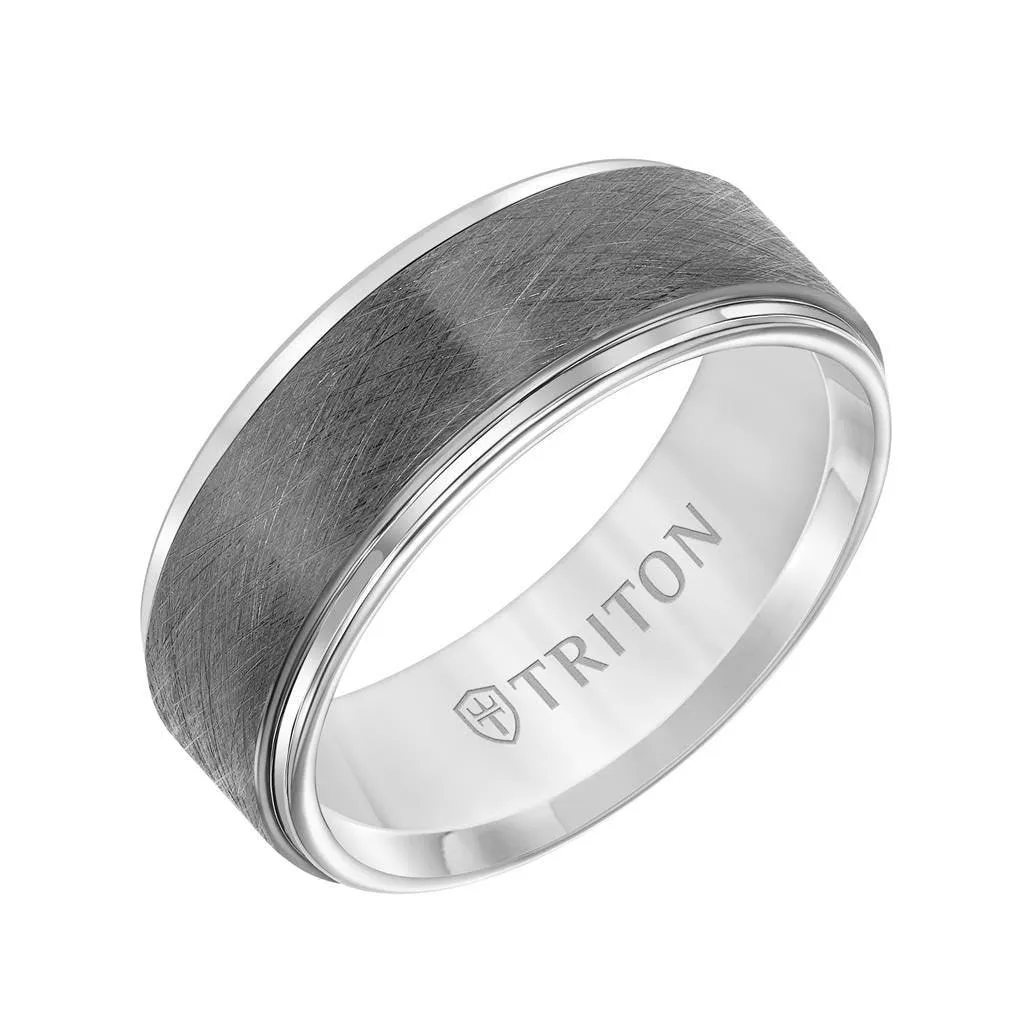 GATEWAY White Tungsten Two-Tone Wire Brushed Center Men’s Wedding Band with Polished Edges by Triton Rings - 8mm