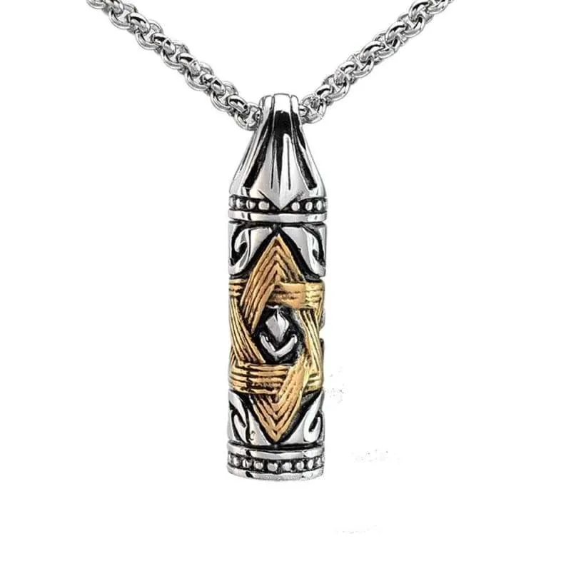 Gold Silver Tone 316L Stainless Steel Jewish Star of David Hexagram Cylinder Pendant Necklace SS Chain