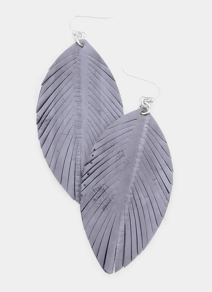 Gray Leather Fringed Leaf Earrings