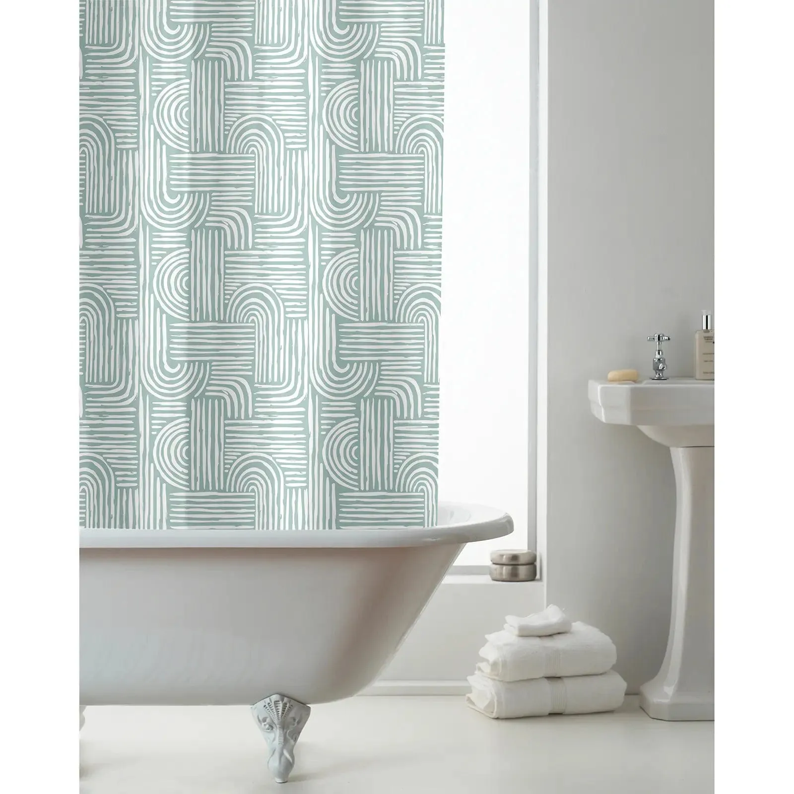 Green Boho Waves Pattern Shower Curtain with Hooks PEVA 180x180cm